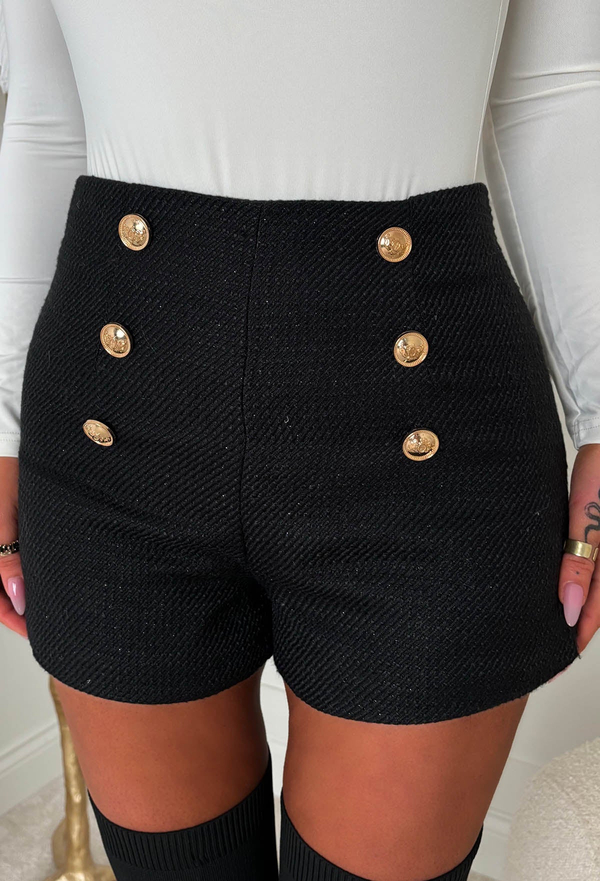 Coco Fever Black Tweed Button Front Shorts - Image 4