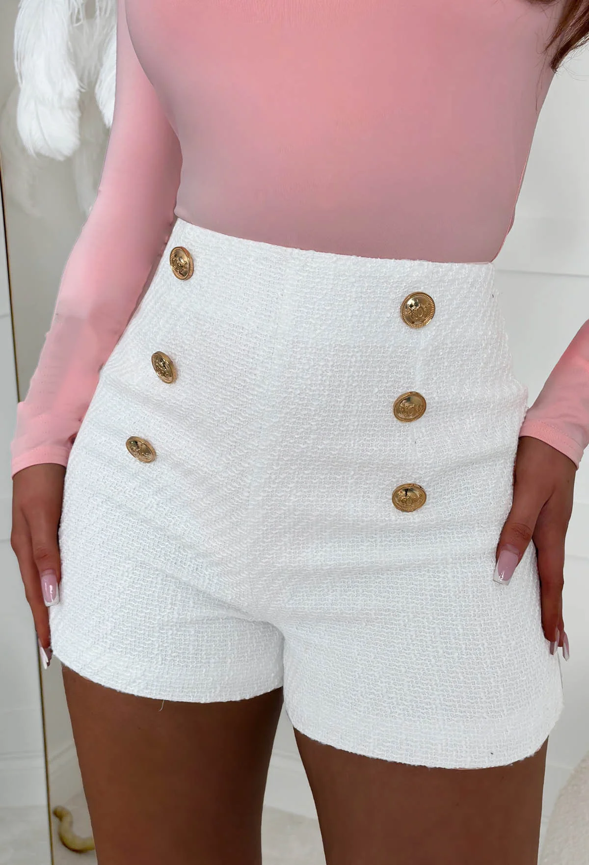 Coco Fever White Tweed Button Front Shorts - Image 2