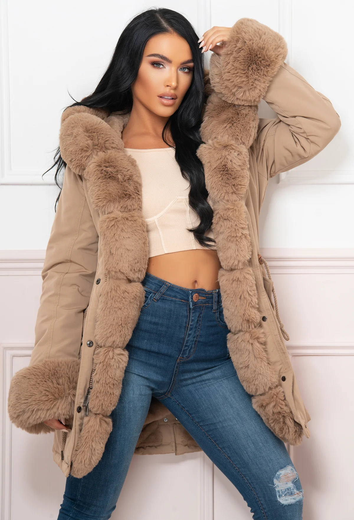 Cocoa Kisses Tan Fur Trim Parka Coat - Image 3