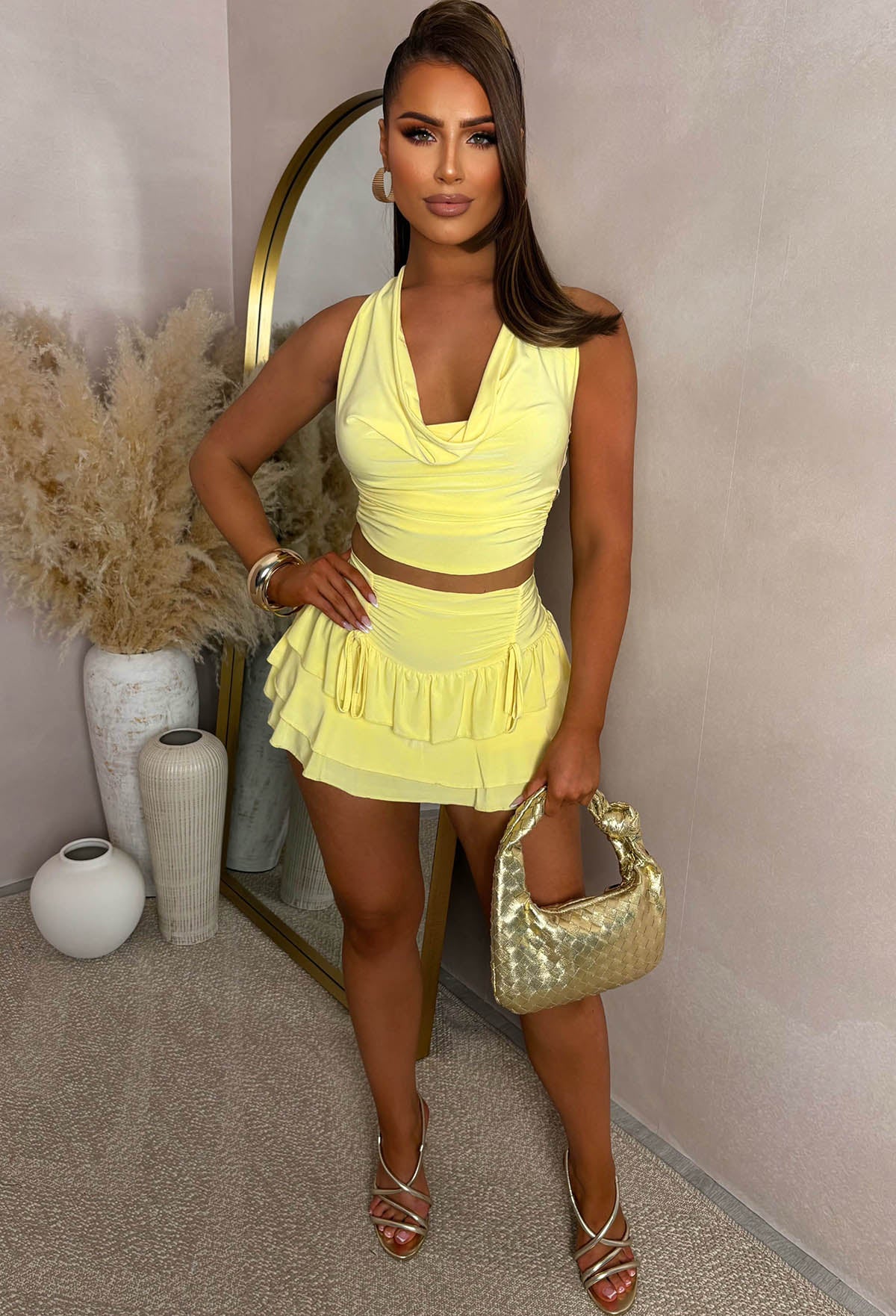 Coconut Breeze Lemon Slinky Cowl Neck Ruffle Skirt Co-ord - Image 3