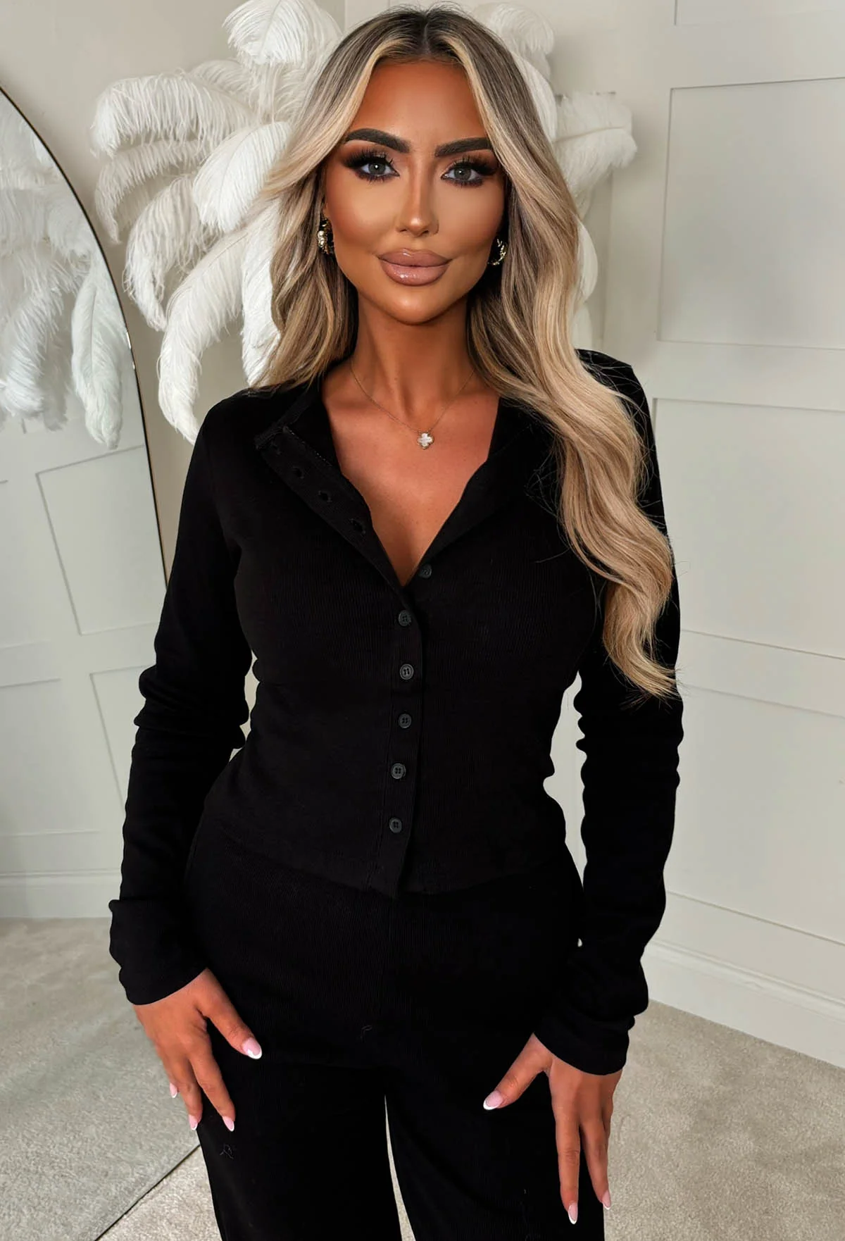 Comfort Me Black Ribbed Long Sleeve Co-ord Set - Image 3