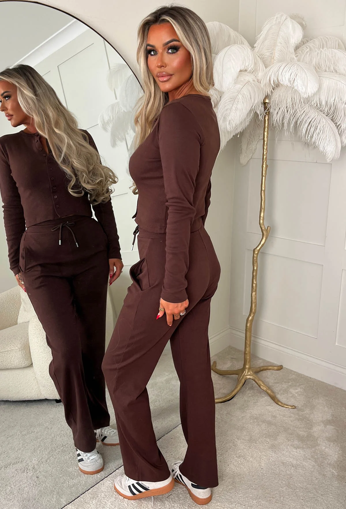 Comfort Me Chocolate Brown Ribbed Long Sleeve Co-ord Set - Image 4