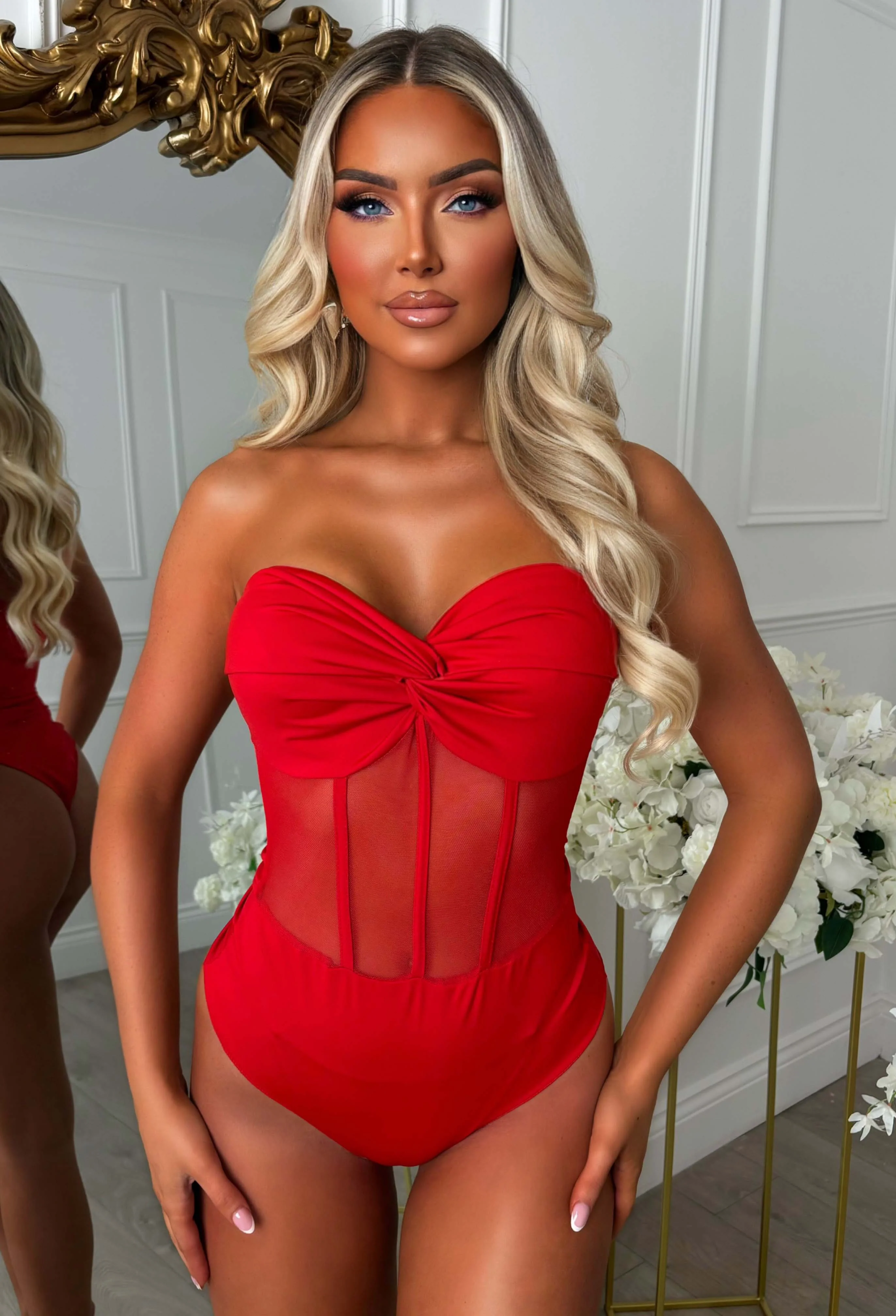 Contour Chic Red Jersey Mesh Bodysuit - Image 4