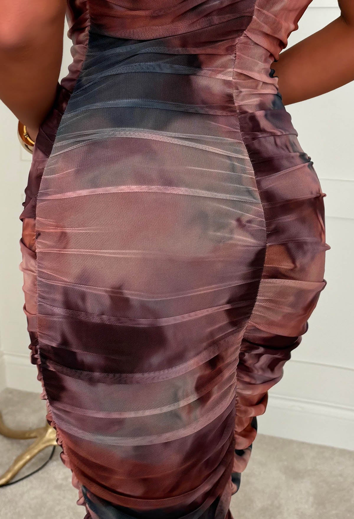 Contrast Crush Brown Printed Cowl Neck Mesh Cami Midi Dress - Image 2
