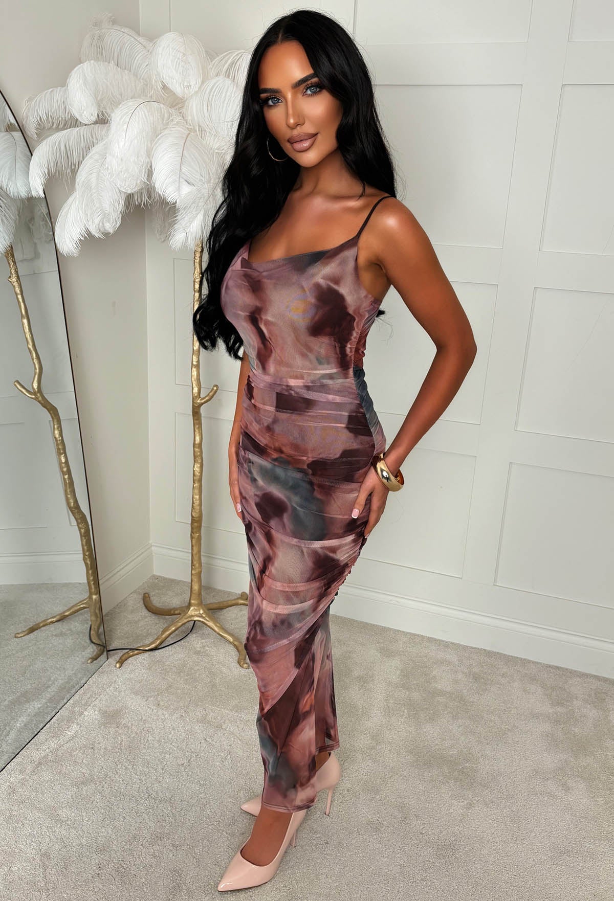 Contrast Crush Brown Printed Cowl Neck Mesh Cami Midi Dress - Image 5