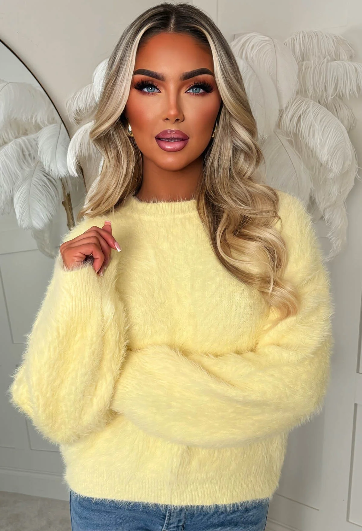 Cool & Cosy Yellow Fluffy Wide Neck Jumper - Image 3