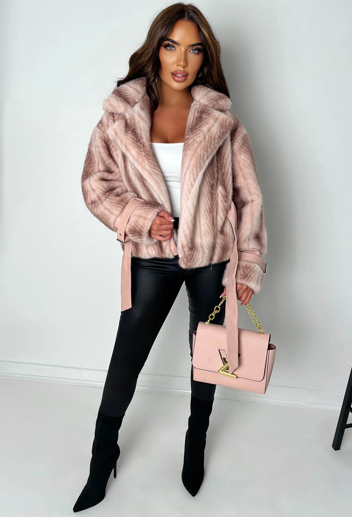 Cosy Crush Pink Faux Fur Belted Coat - Image 4