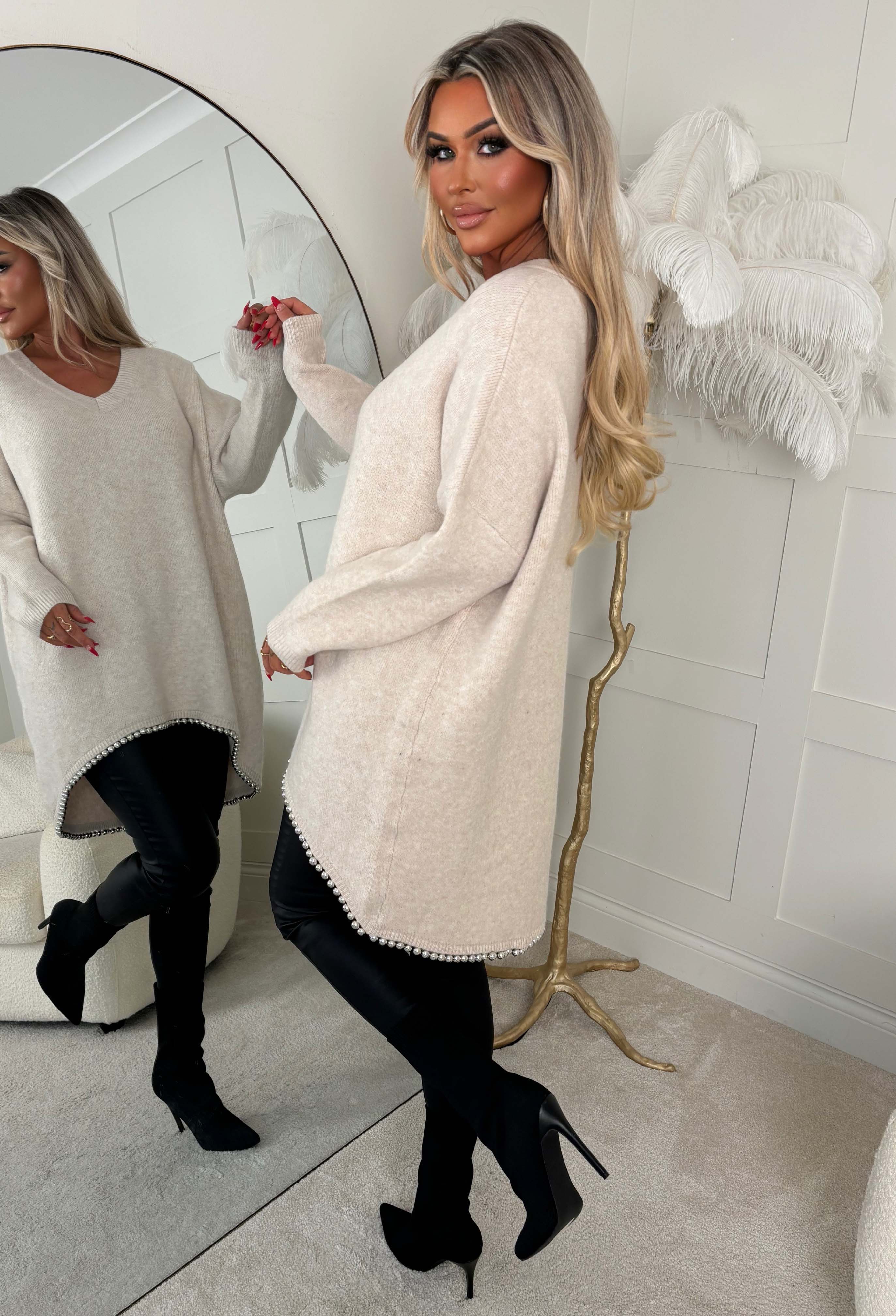Cosy & Fierce Beige Batwing Beaded Trim Detail Jumper - Image 2
