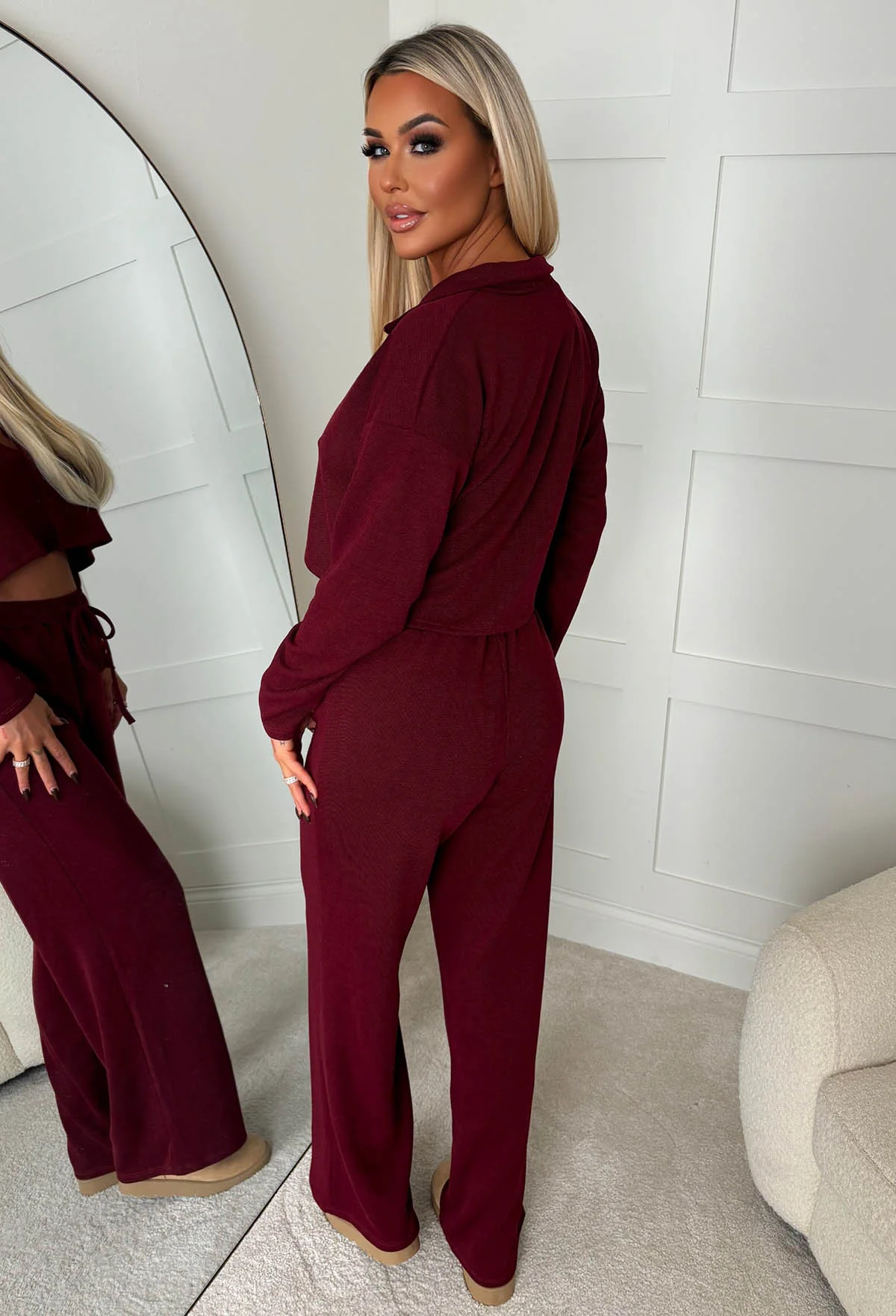 Cosy Icon Burgundy Ribbed Shirt And Trouser Loungewear Set - Image 2