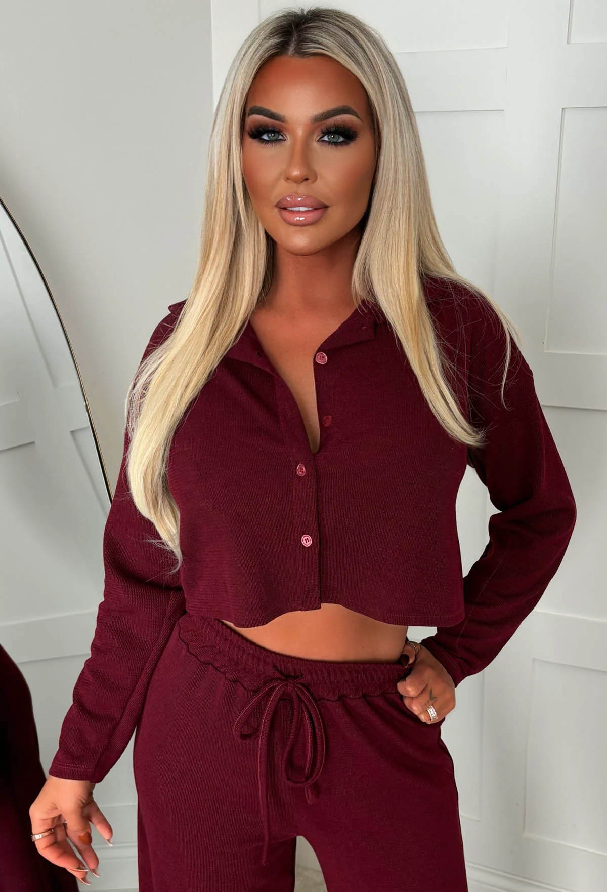 Cosy Icon Burgundy Ribbed Shirt And Trouser Loungewear Set - Image 3