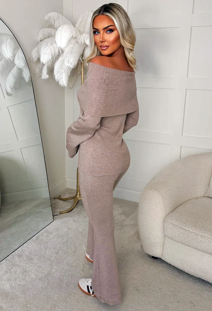 Cosy In The City Taupe Bardot Knit Top & Flare Trouser Set - Image 2