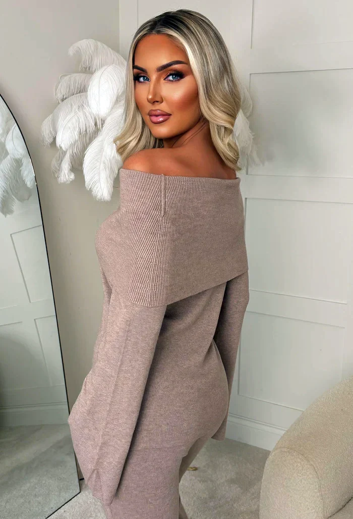 Cosy In The City Taupe Bardot Knit Top & Flare Trouser Set - Image 4