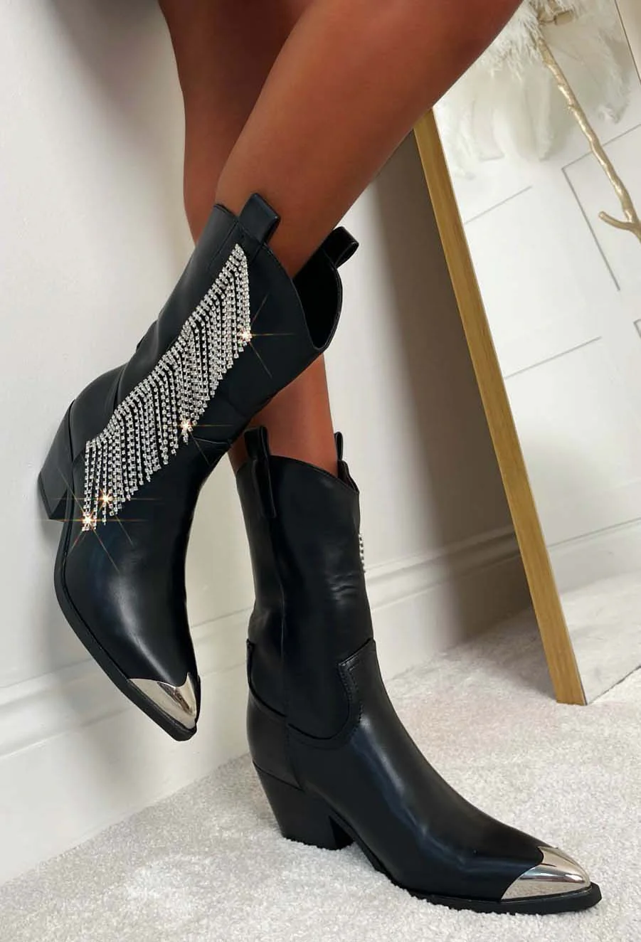 Cowboy Thrills Black Diamante Tassel Cowboy Boot - Image 2