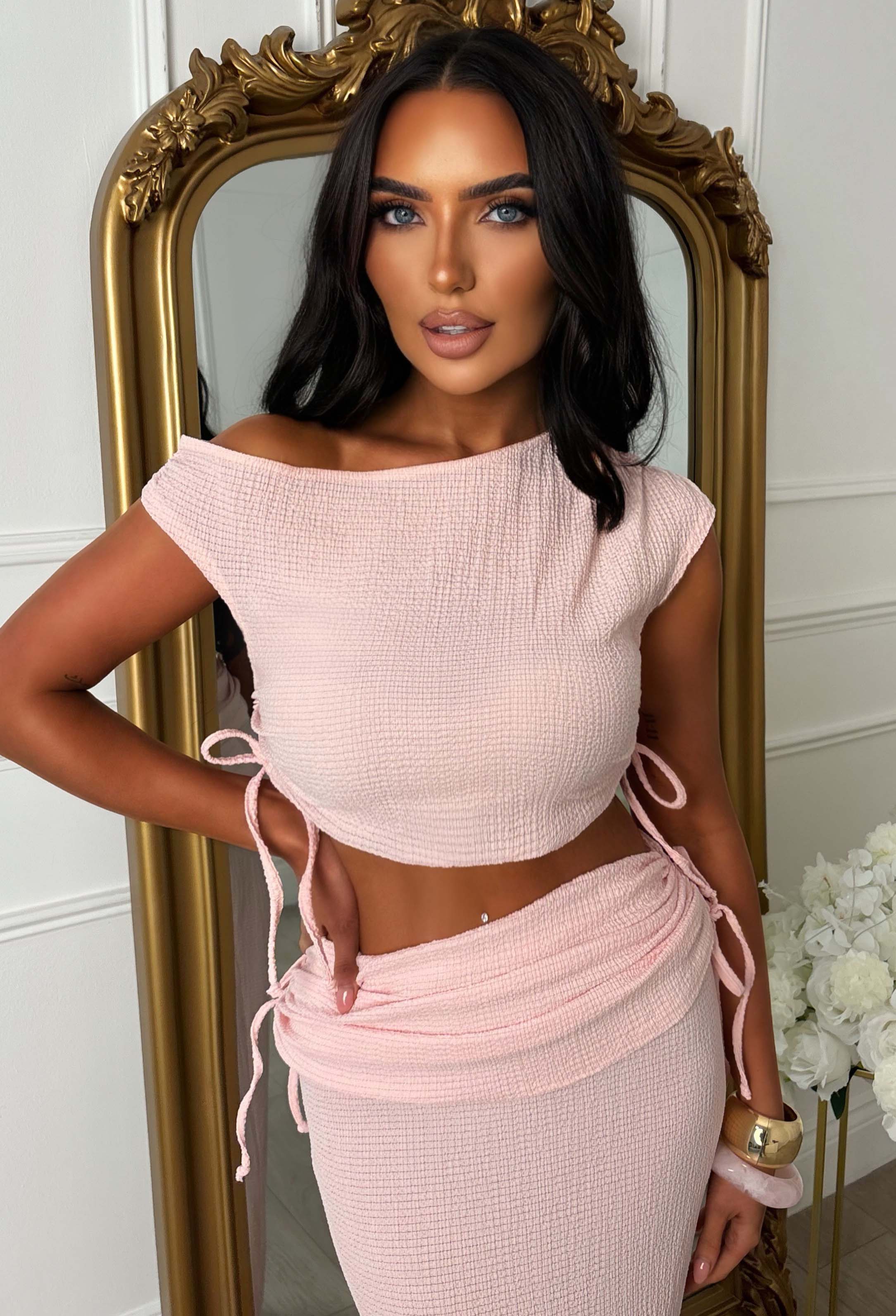 Crinkle Cutie Light Pink Ruched Detail Skirt Co-Ord Set - Image 3