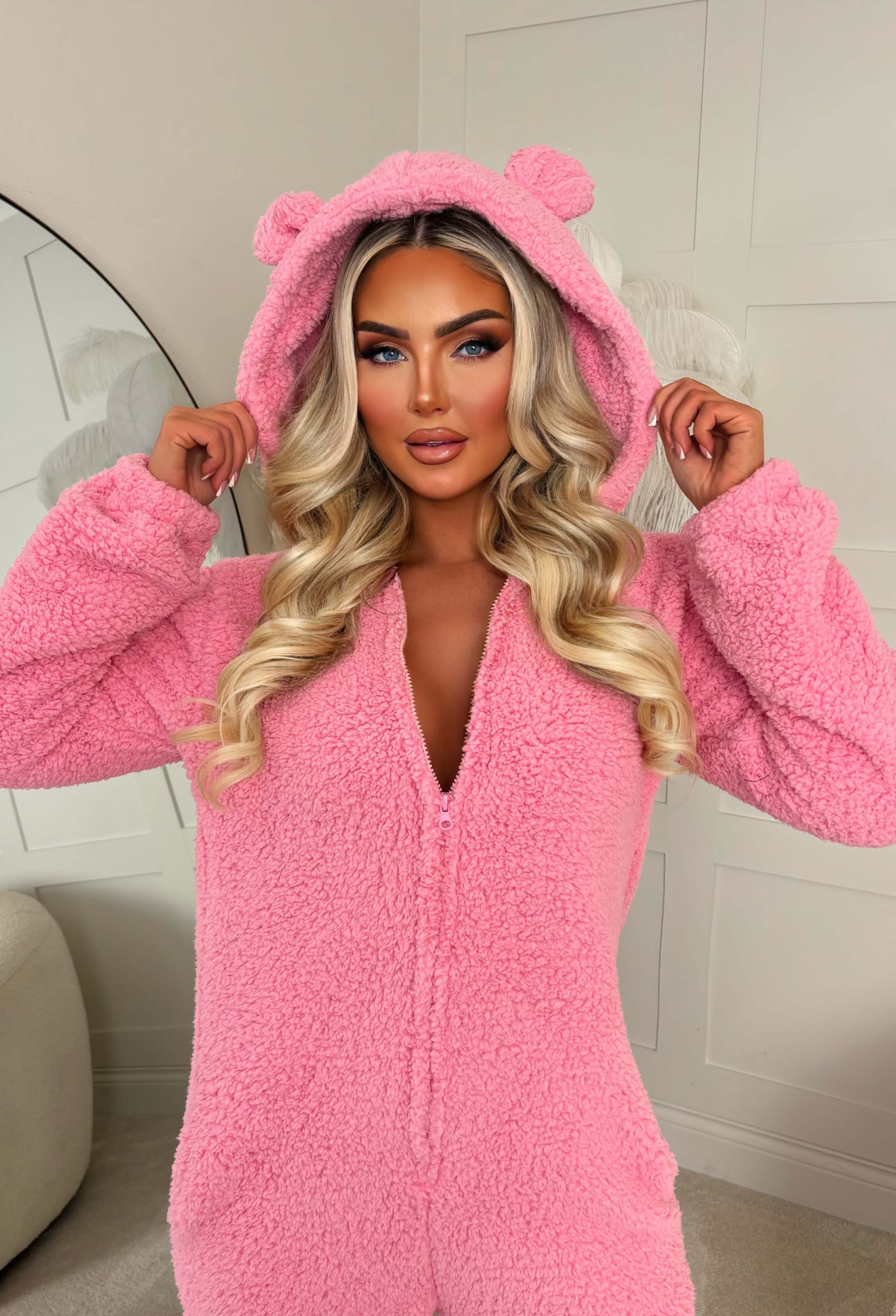 Cute & Cuddly Hot Pink Teddy Bear Hooded Zip Up Onesie - Image 3