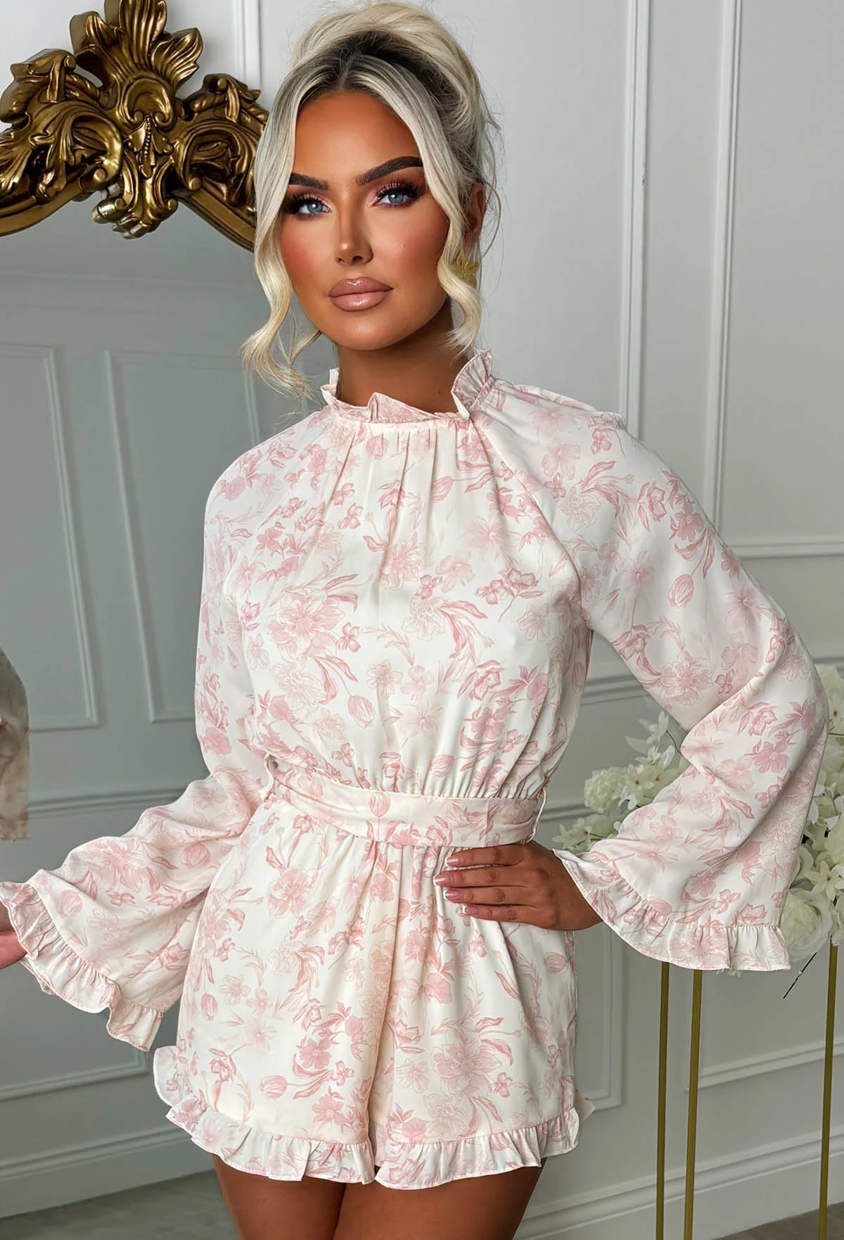 Cutesie Me Pink Frill Neck Backless Printed Playsuit - Image 3