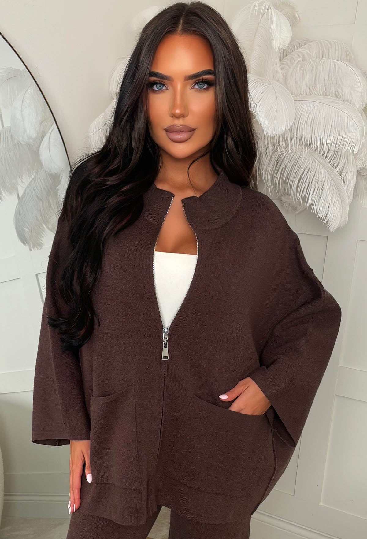 Cutest Cosies Brown Zip Up Batwing Knitted Set - Image 4