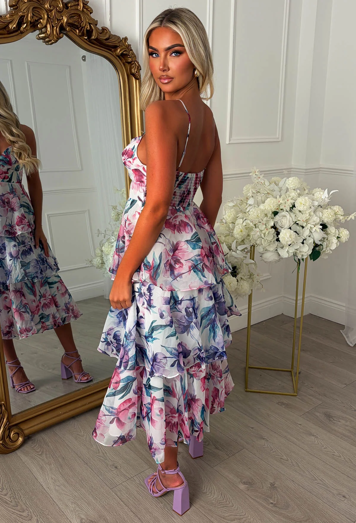 Daisy Kiss Purple Floral Ruffle Midi Dress - Image 3