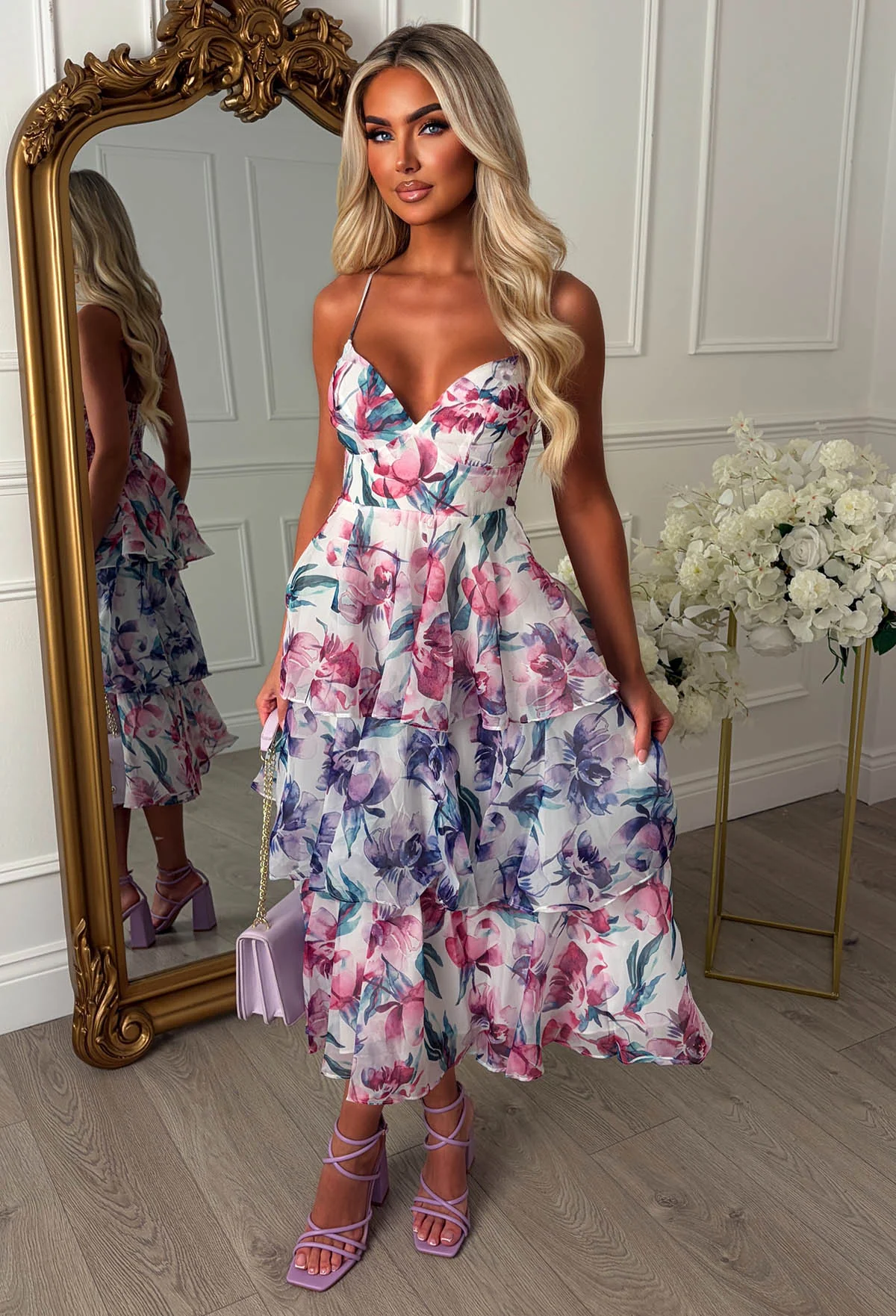 Daisy Kiss Purple Floral Ruffle Midi Dress - Image 4