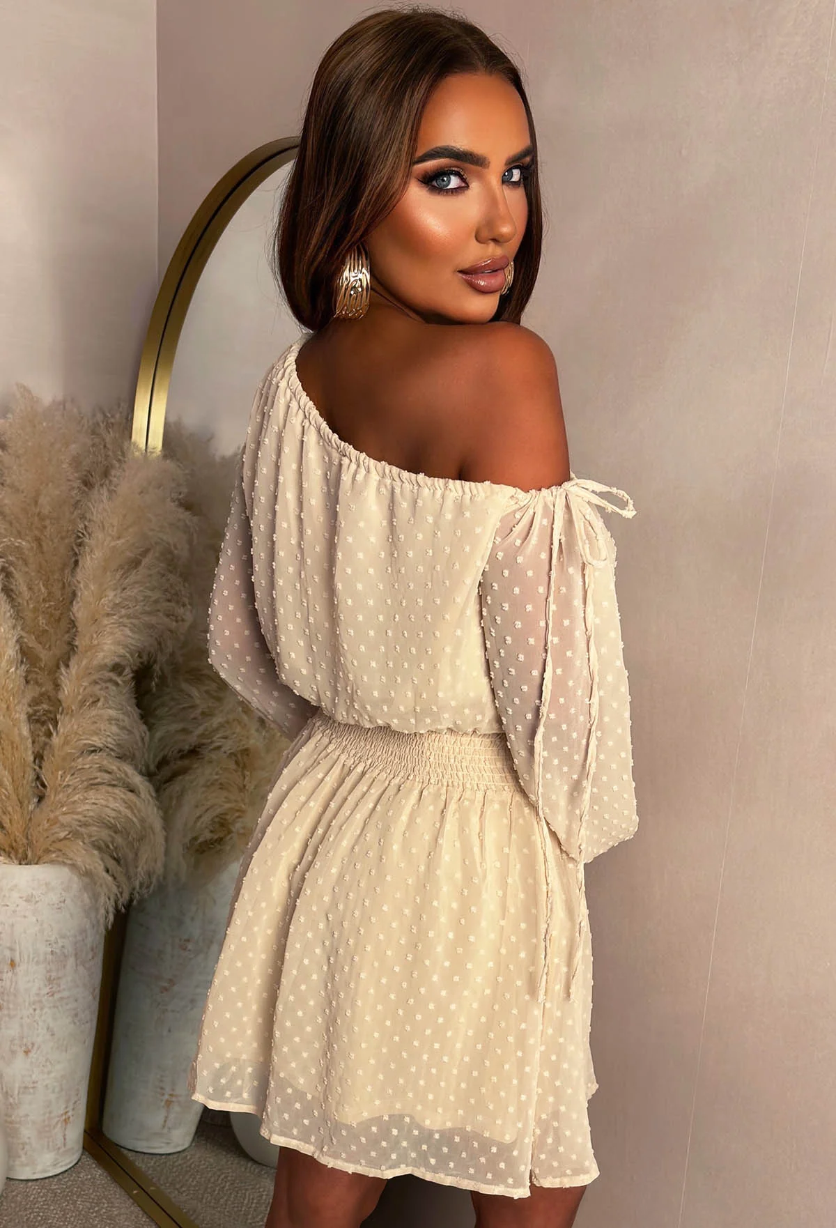 Damsel Cream Dobby Spot Off The Shoulder Dress - Image 3