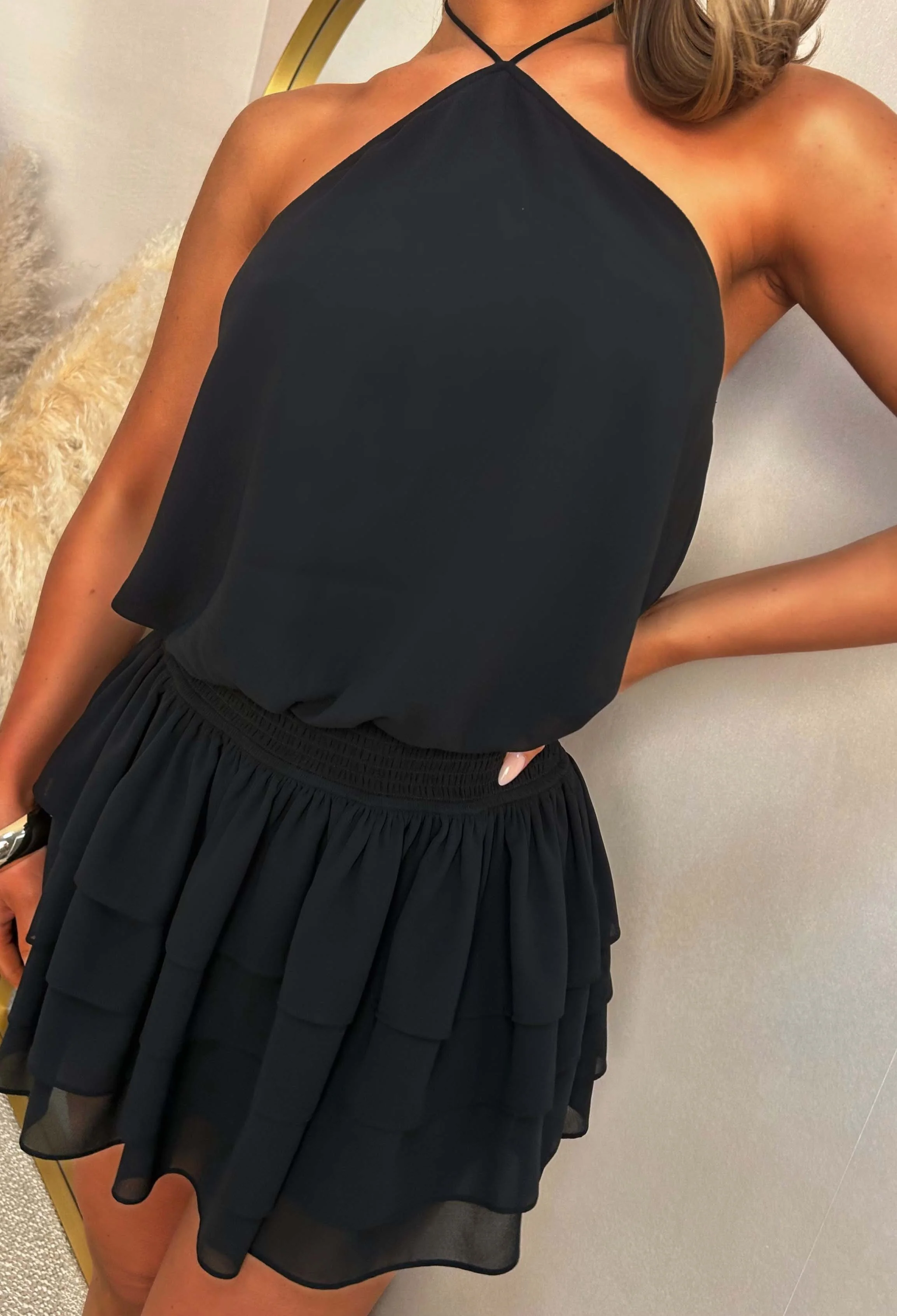 Dangerously Divine Black Frill Halter Mini Dress - Image 3