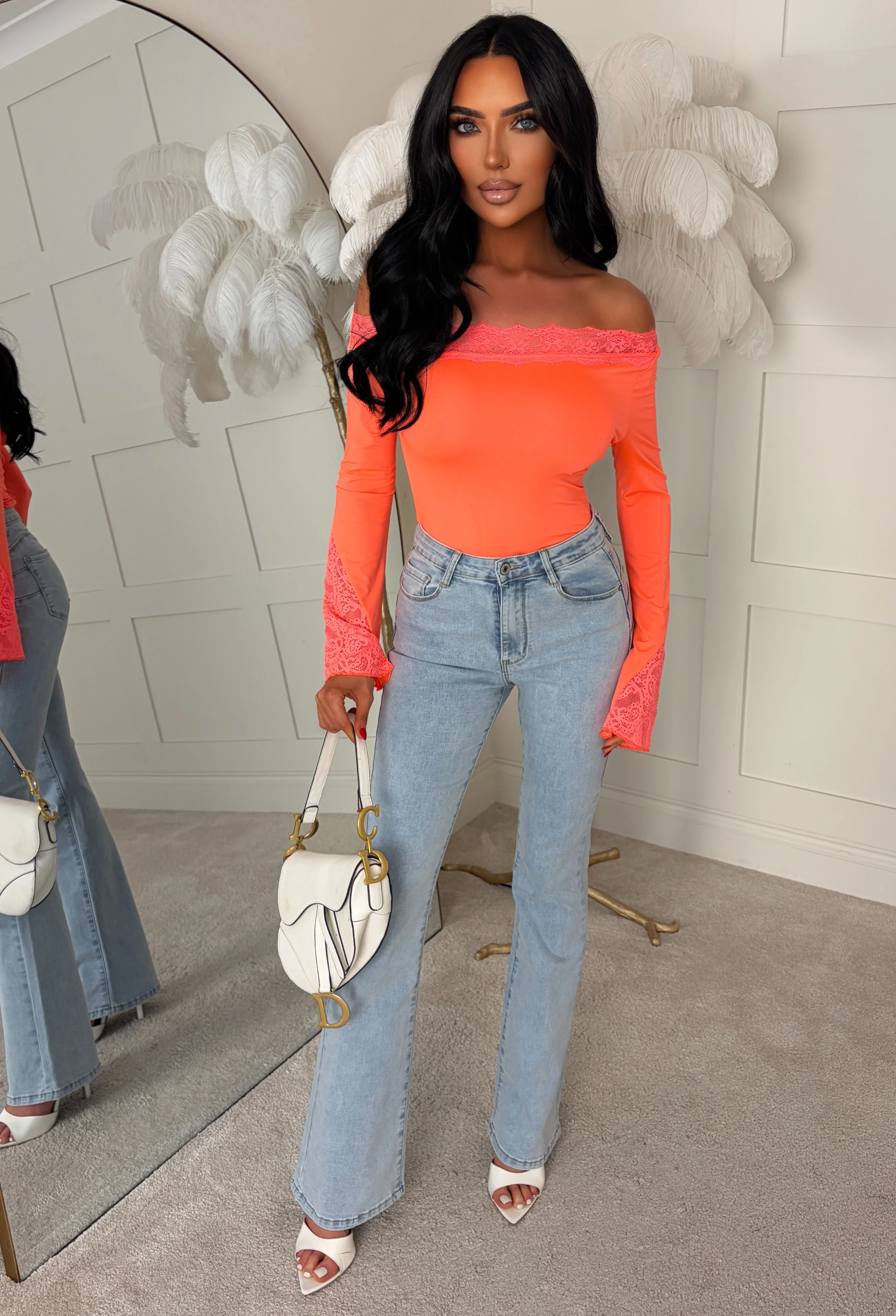 Dare To Dream Coral Lace Asymmetrical Neck Flared Sleeve Top - Image 3