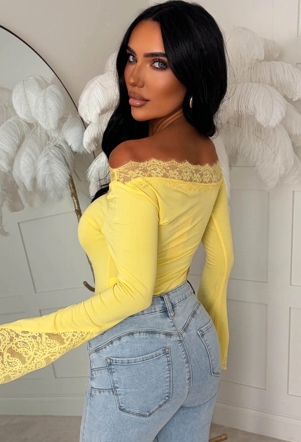 Dare To Dream Yellow Lace Asymmetrical Neck Flared Sleeve Top - Image 2