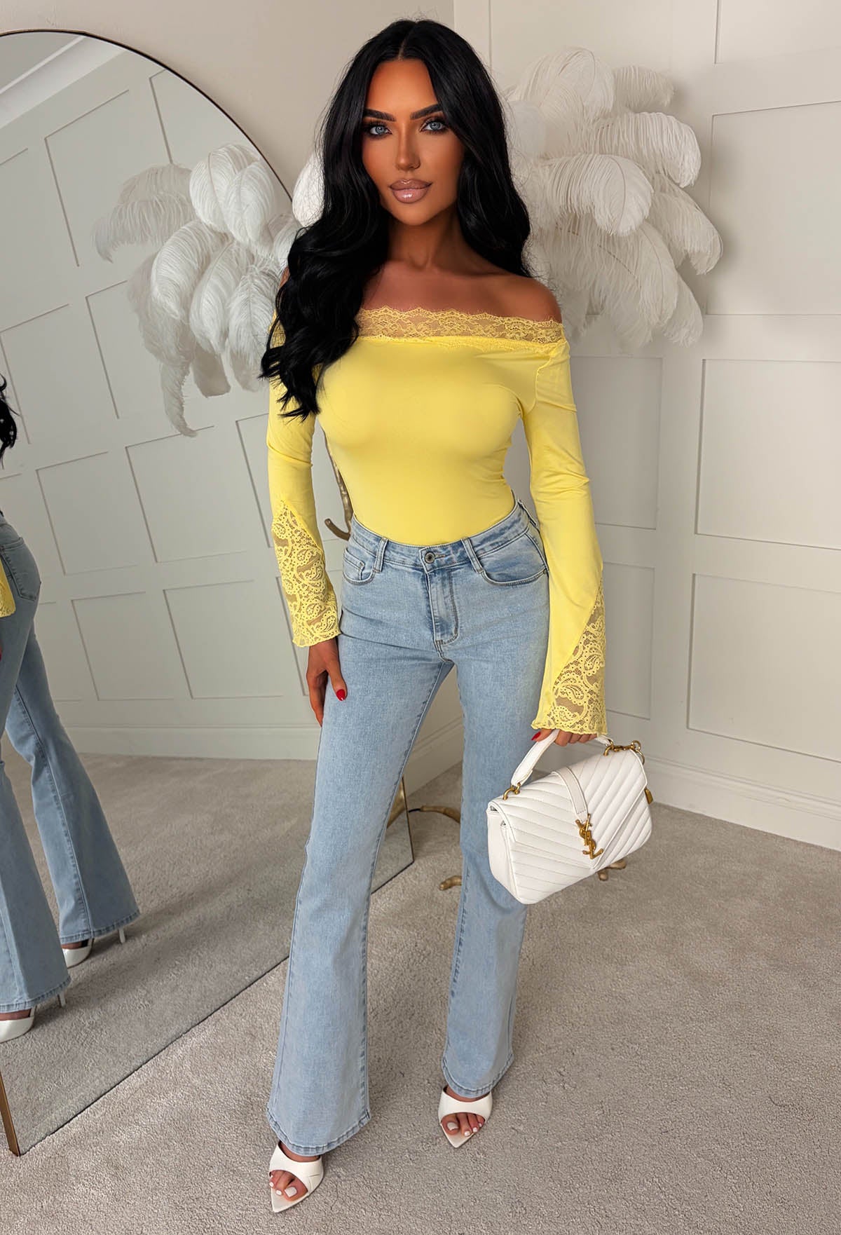 Dare To Dream Yellow Lace Asymmetrical Neck Flared Sleeve Top - Image 3