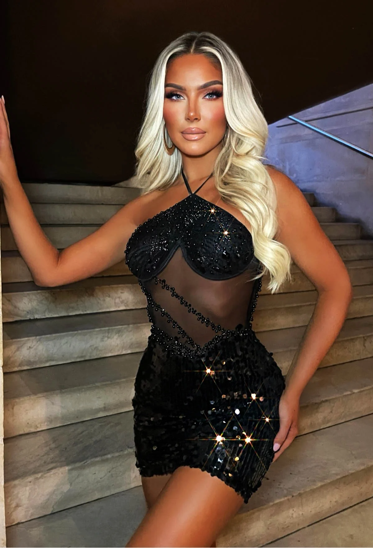 Dark Desires Black Sequin Sheer Halterneck Mini Dress - Image 4