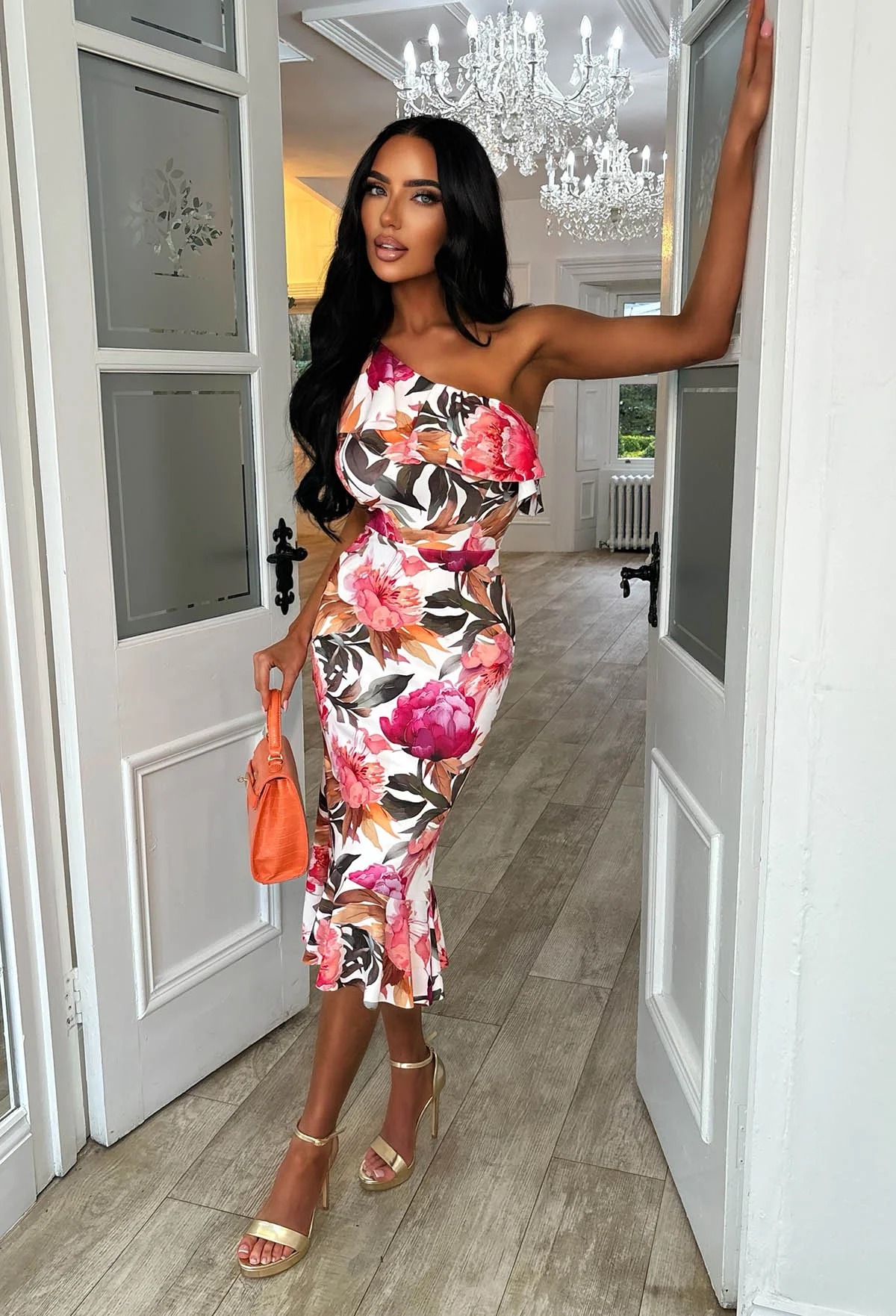 Darling Daydream Multi Rose Print Asymmetric Ruffle Midi Dress - Image 3