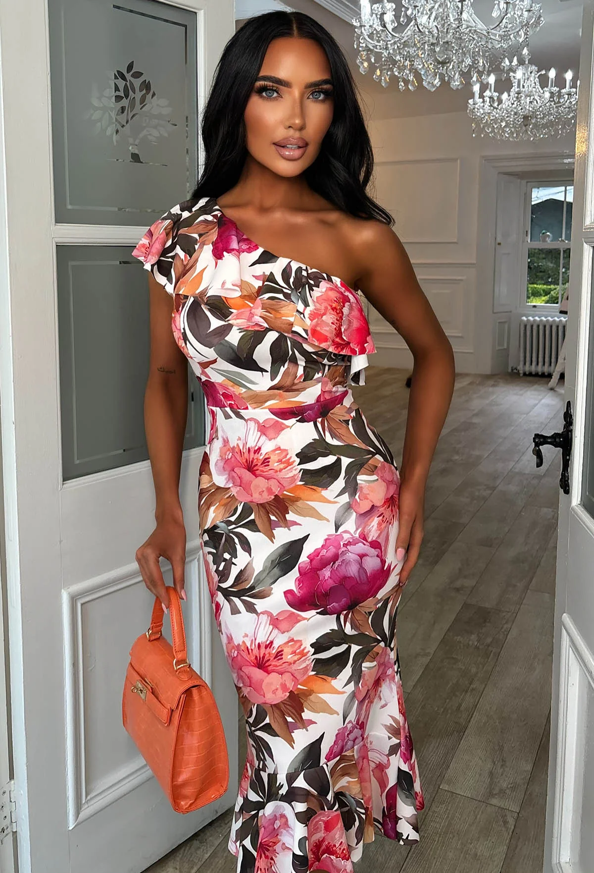 Darling Daydream Multi Rose Print Asymmetric Ruffle Midi Dress - Image 4