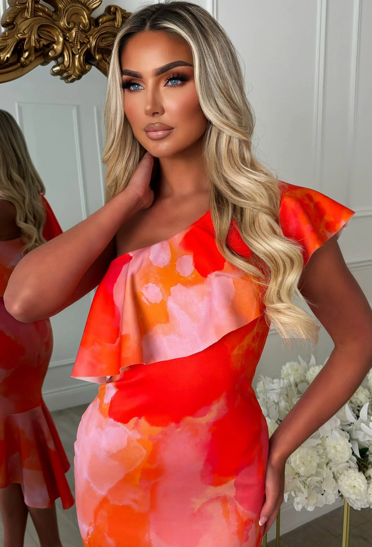 Darling Daydream Pink Abstract Asymmetric Ruffle Midi Dress - Image 4