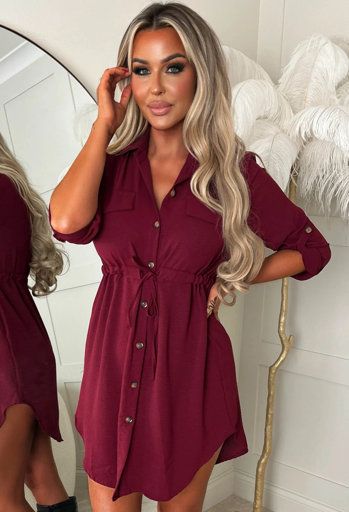 Darling Delight Burgundy Tie Front Shirt Dress - Image 3