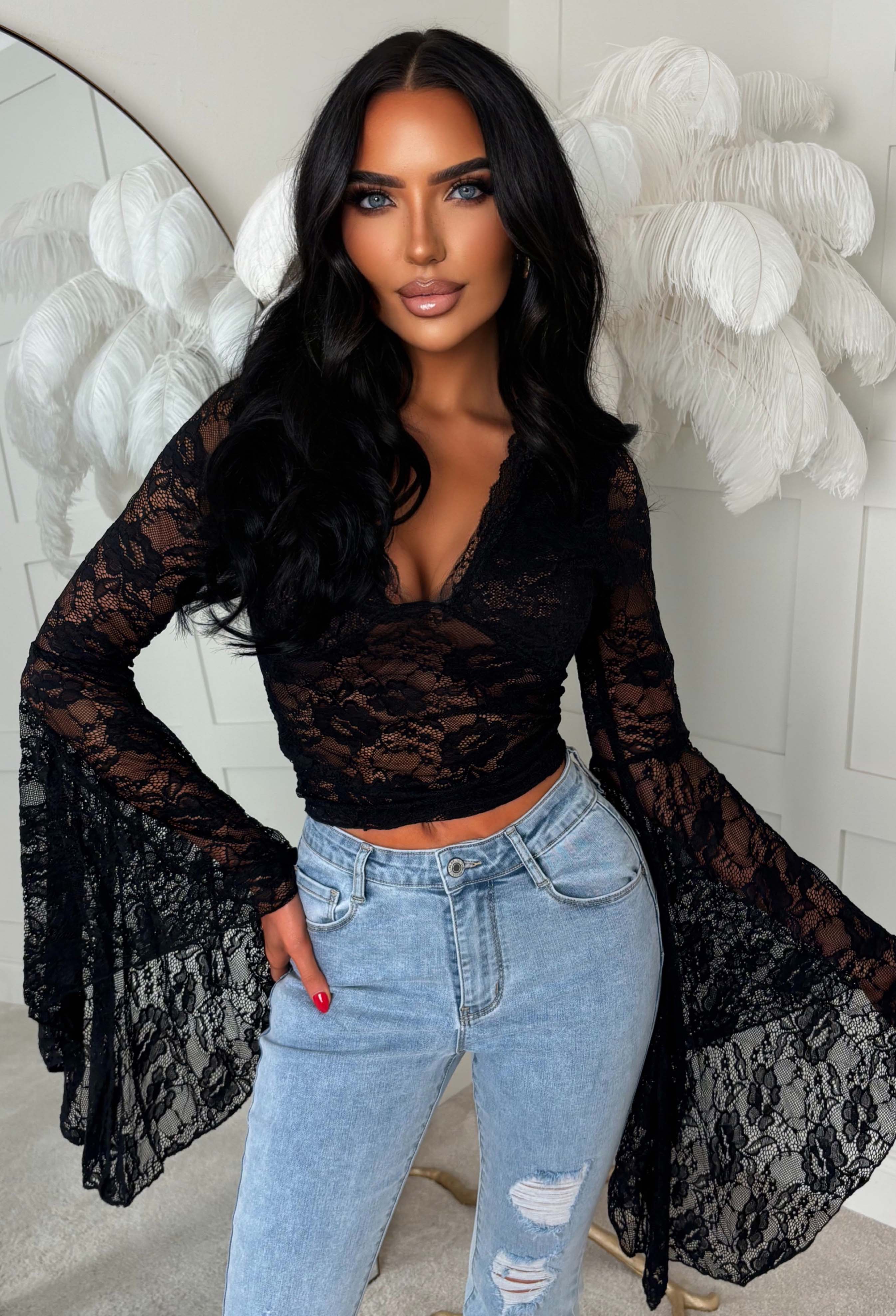 Darling Divinity Black Lace Dramatic Flare Sleeve Top - Image 3