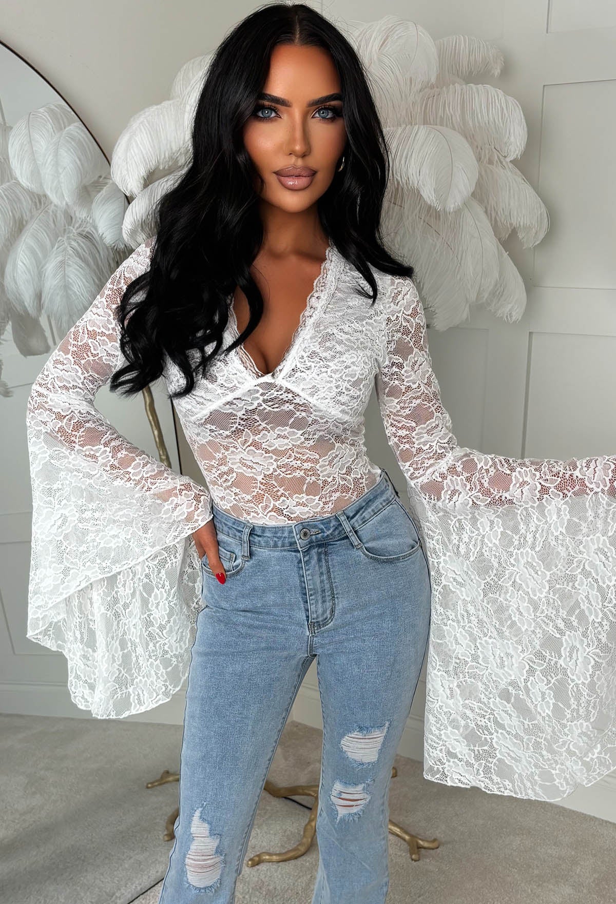 Darling Divinity White Lace Dramatic Flare Sleeve Top - Image 4