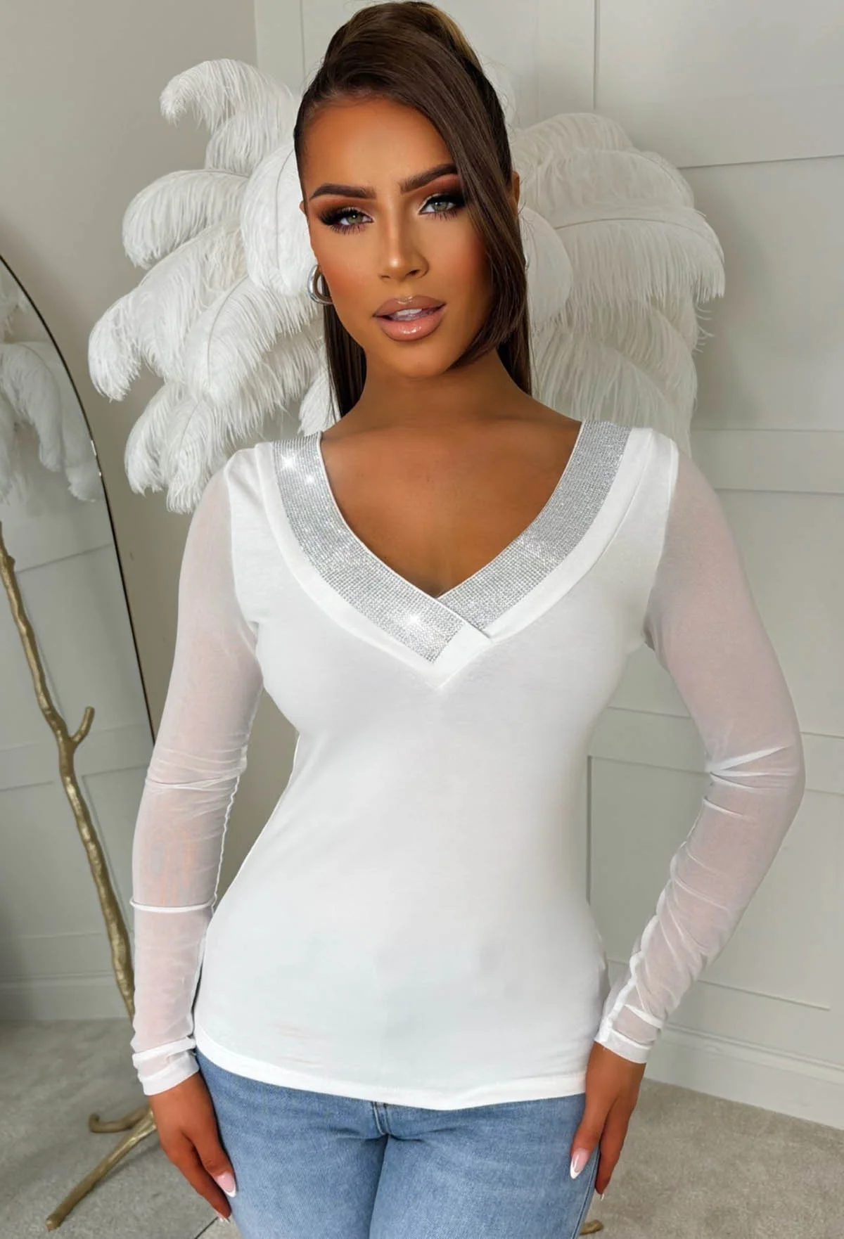 Dazzle Mine White Embellished V Neck Collar Top - Image 4