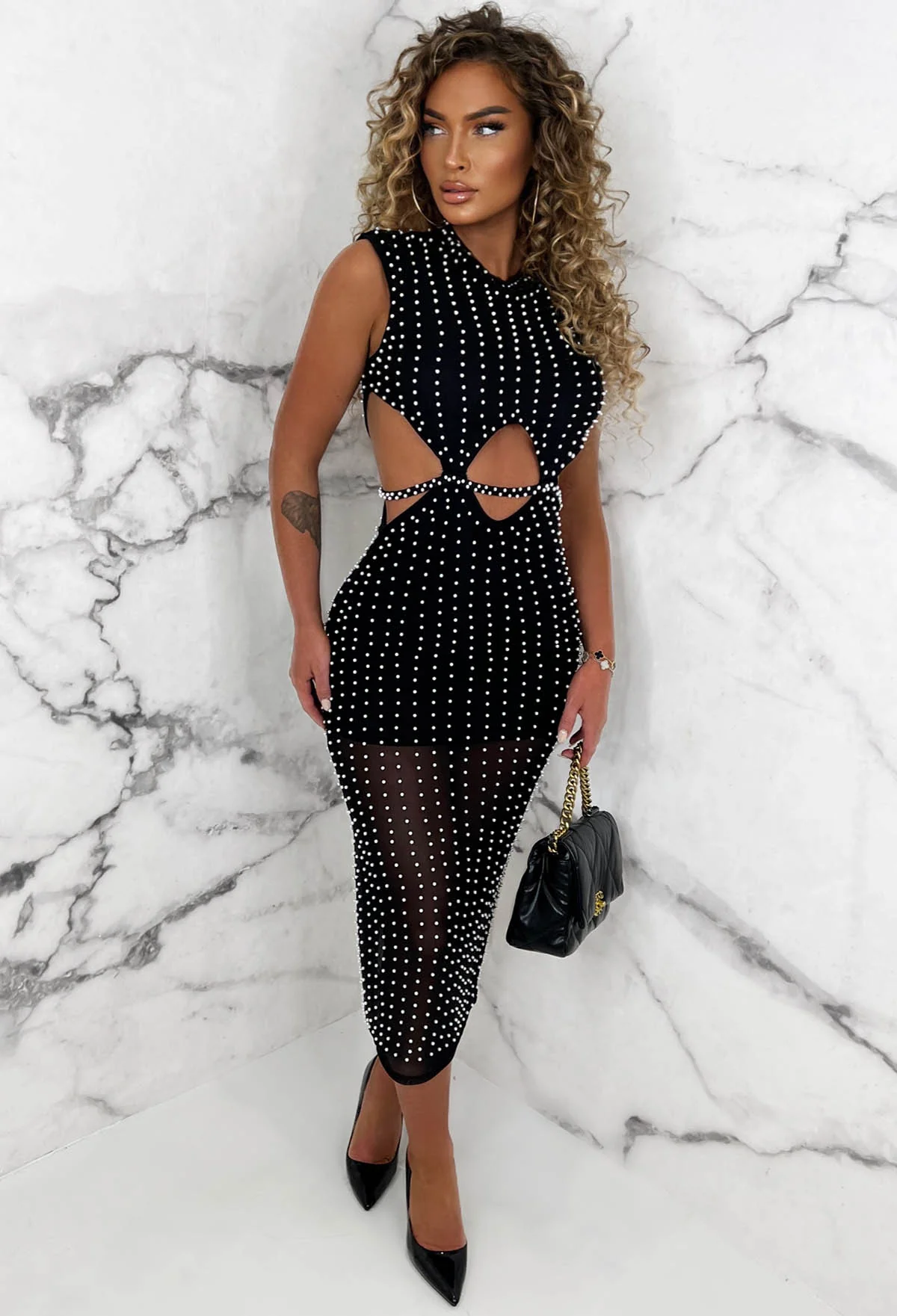 Dazzled By Pearls Black Embellished Sleeveless Mesh Lined Midi Dress - Image 4