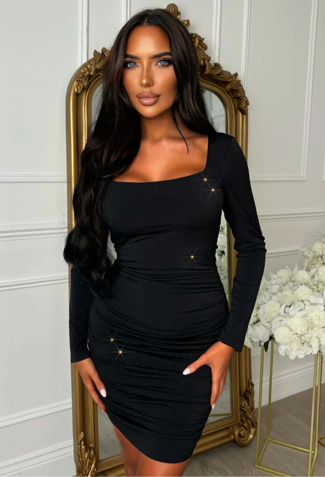Dazzling Doll Black Crystal Square Neck Dress