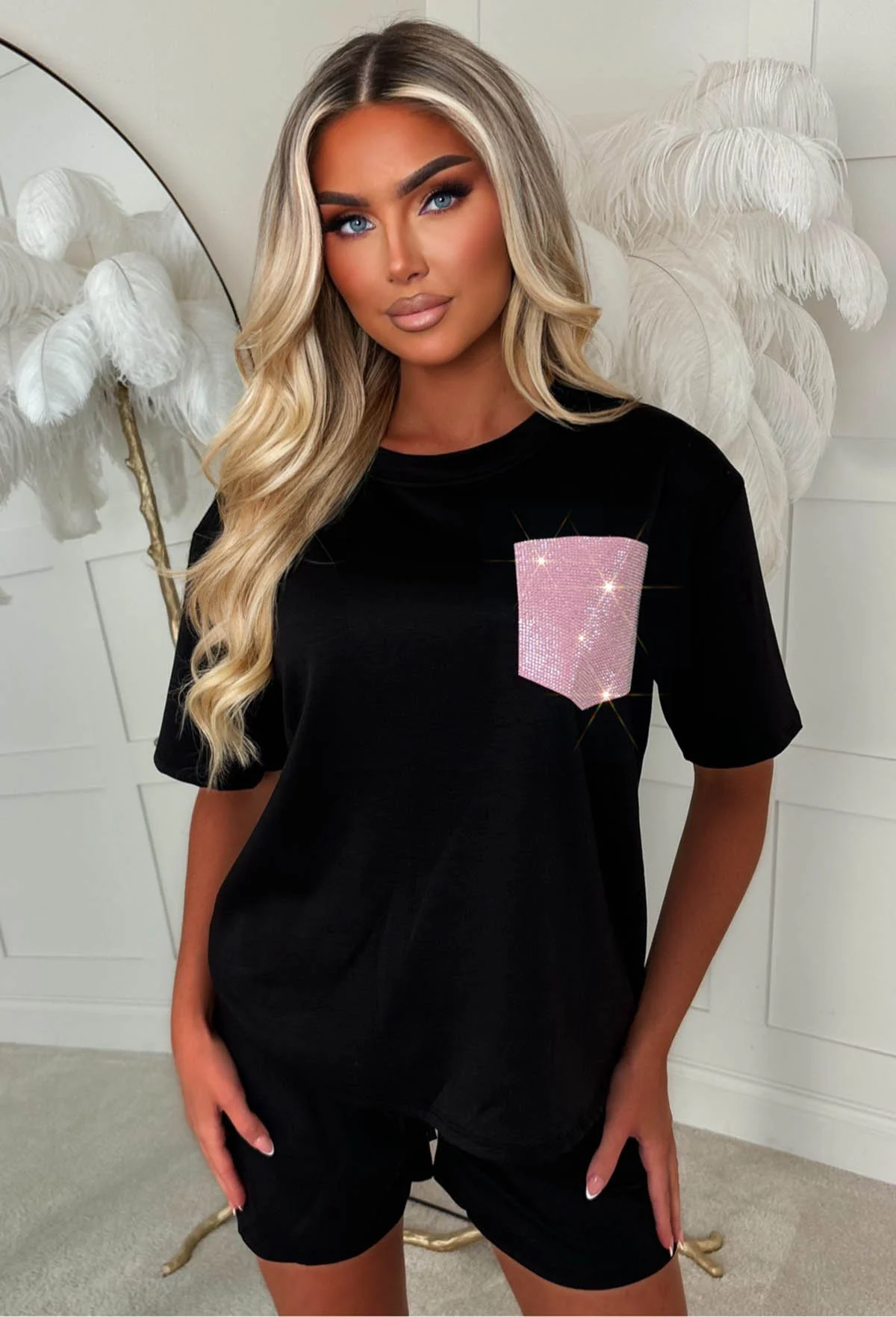 Dazzling Dreams Black Hot Fix Pocket Shorts Lounge Co-Ord Set