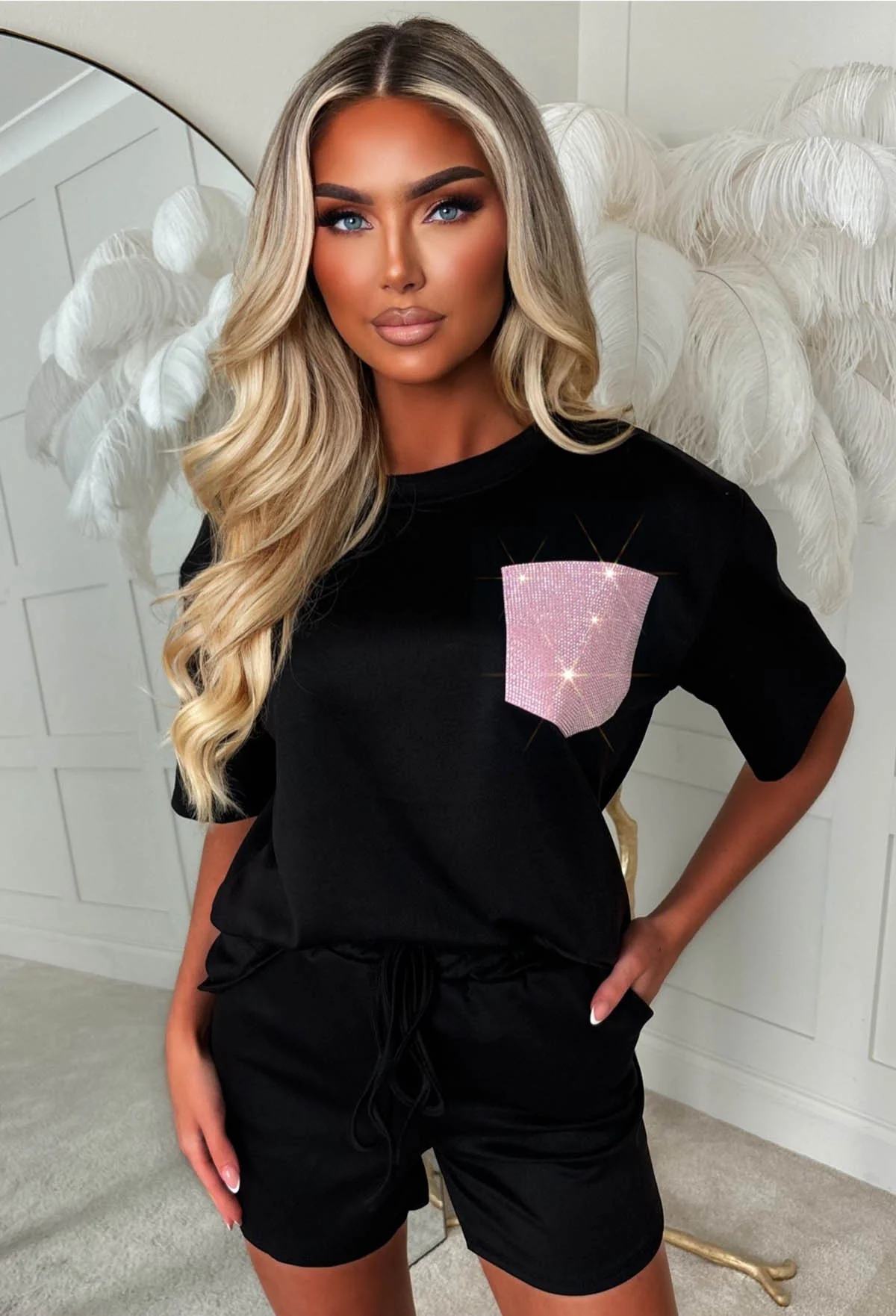 Dazzling Dreams Black Hot Fix Pocket Shorts Lounge Co-Ord Set - Image 4