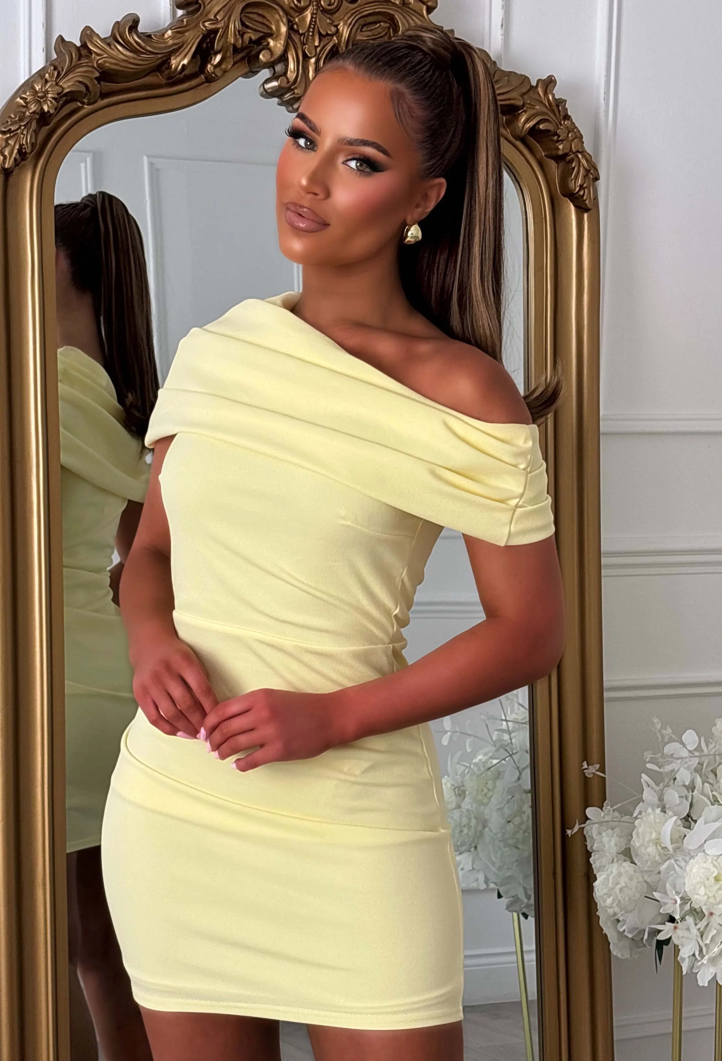 Delicate Allure Lemon Asymmetric Bardot Neck Mini Dress - Image 3