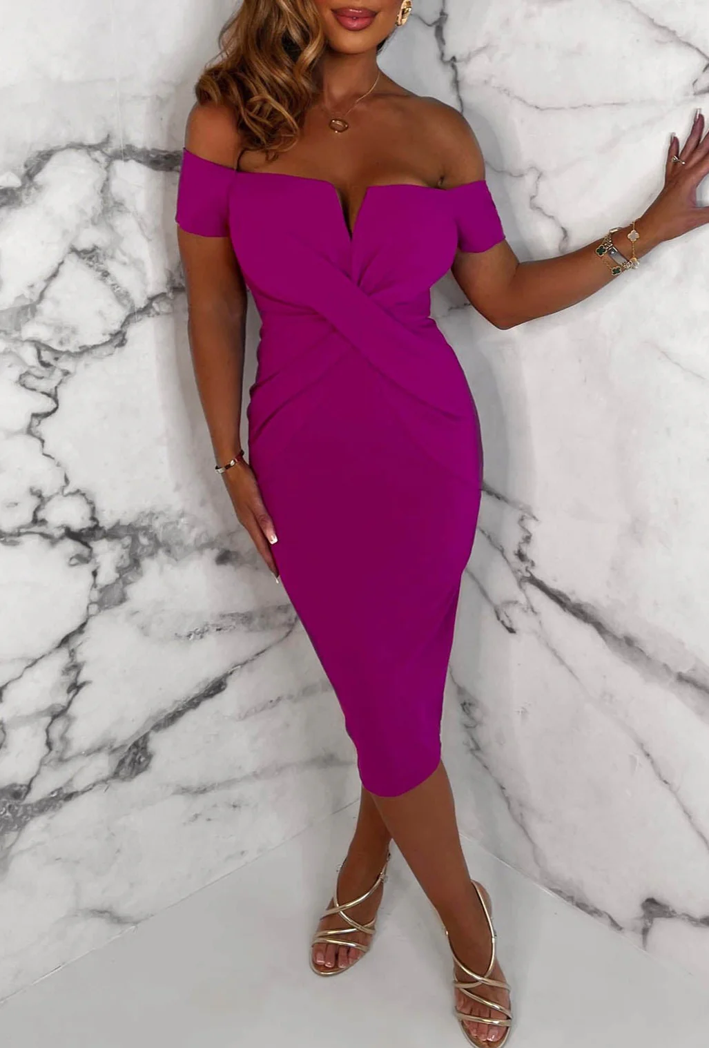 Deluxe Darling Magenta Bardot Cross Over Detail Stretch Midi Dress - Image 3