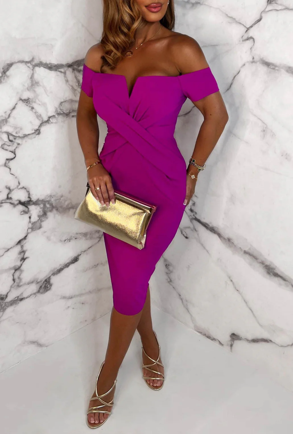 Deluxe Darling Magenta Bardot Cross Over Detail Stretch Midi Dress - Image 4