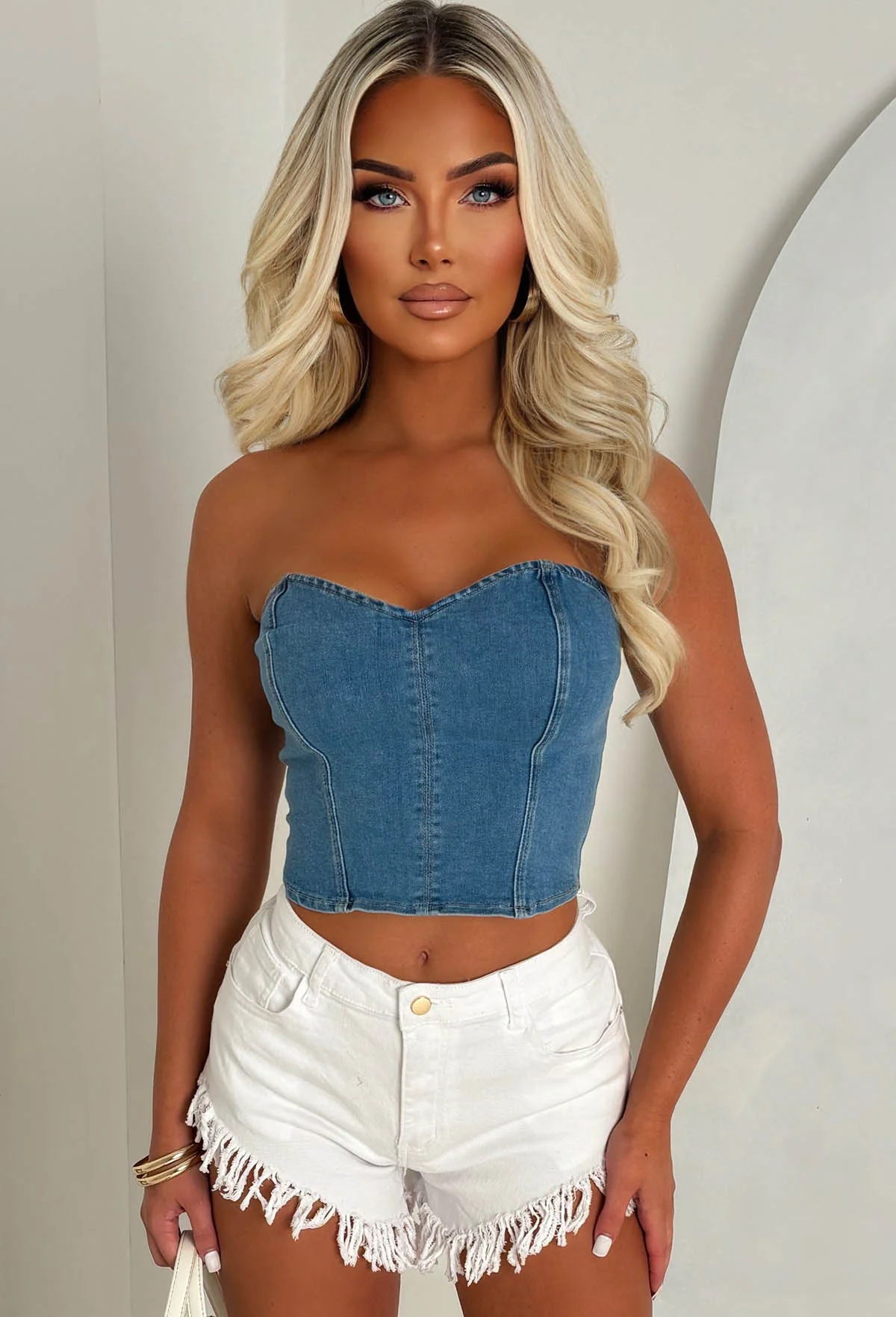 Denim Babes Mid Wash Stretch Denim Bandeau Top