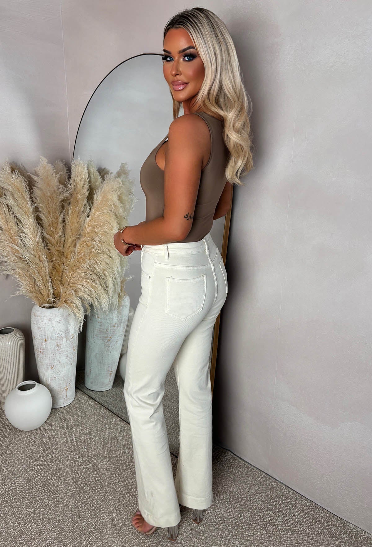 Denim Date Cream Stretch Wide Leg Jeans - Image 3