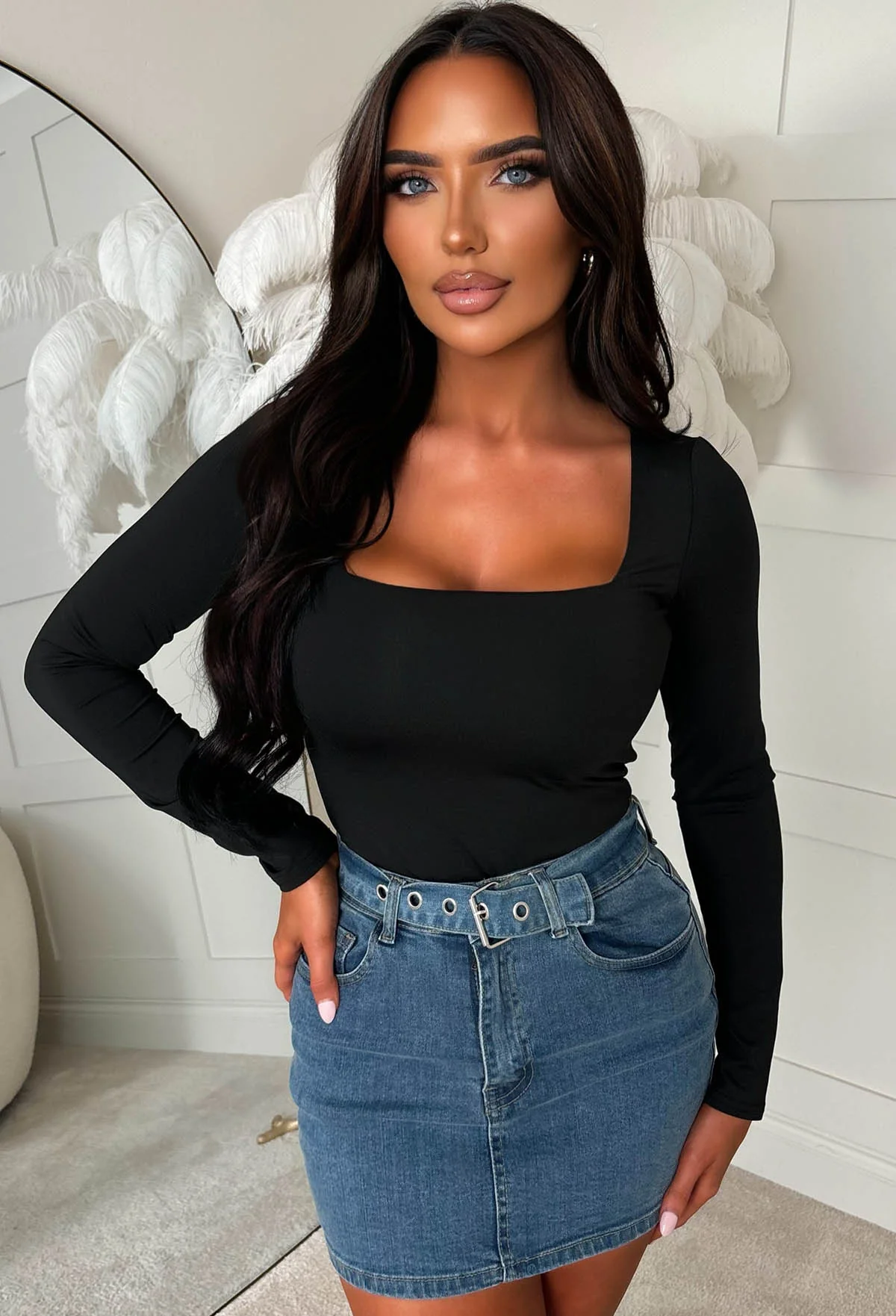 Denim Dates Mid Blue Stretch Denim Belted Mini Skirt - Image 2
