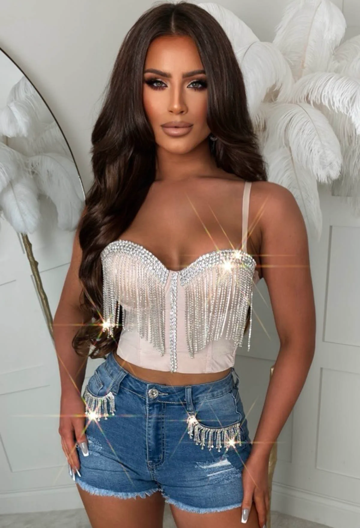 Denim Delight Mid Wash Denim Tassel Shorts