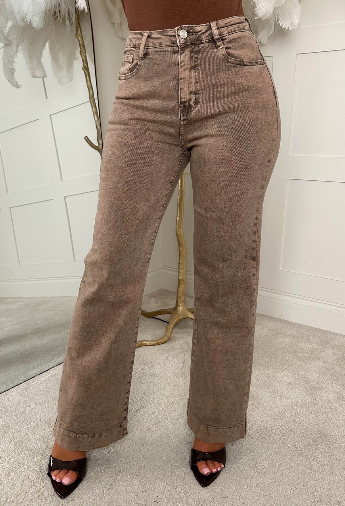 Denim Design Brown Stretch Wide Leg Washed Jean - Image 4
