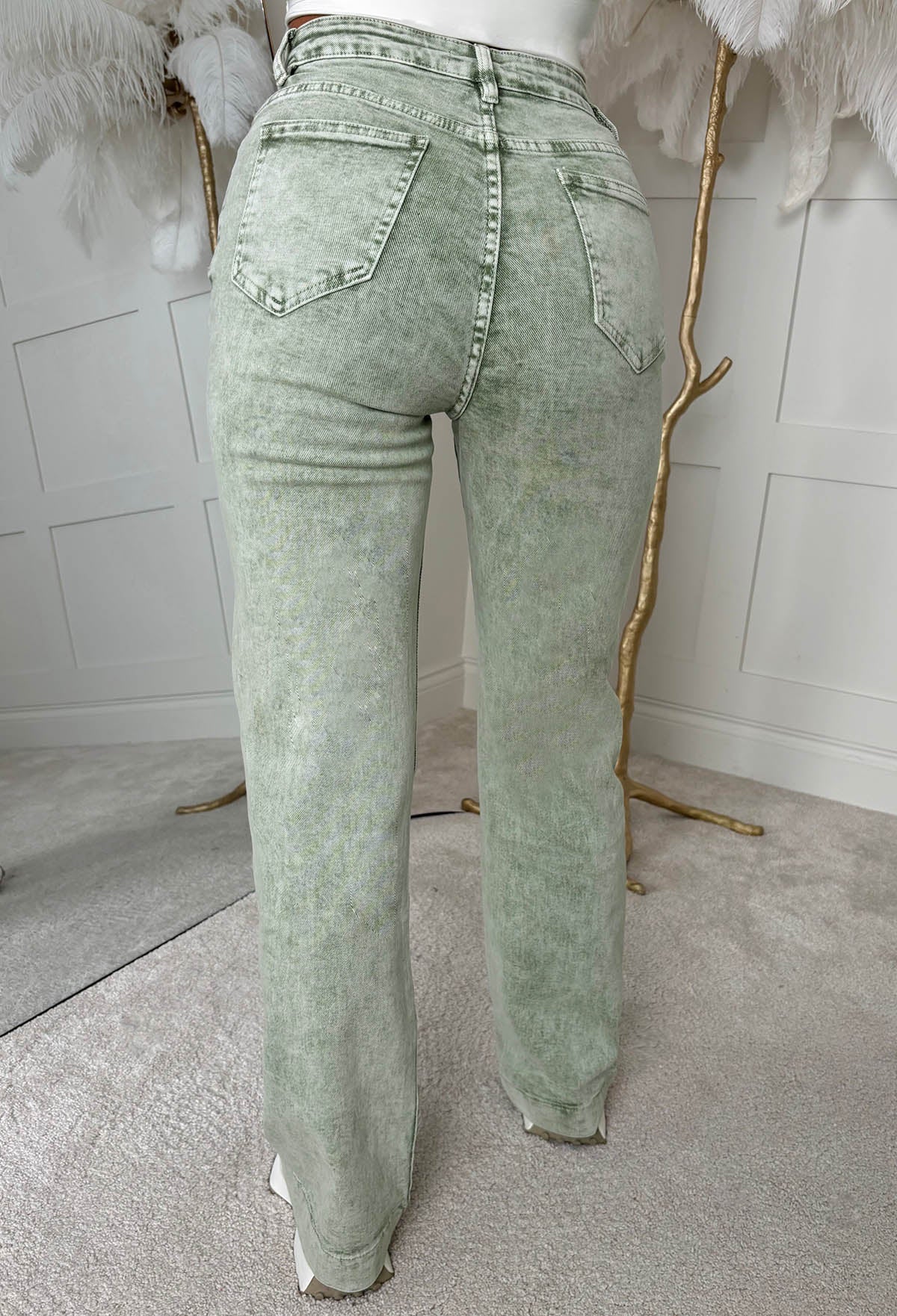 Denim Design Green Stretch Wide Leg Washed Jeans - Image 5