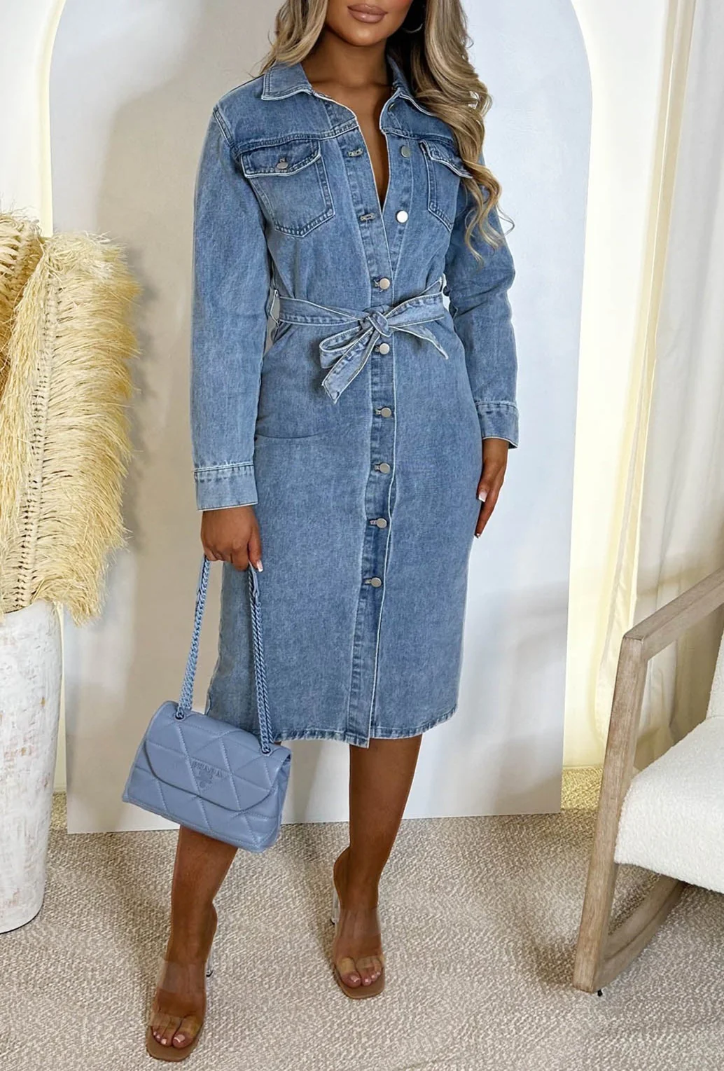 Denim Envy Blue Belted Button Up Long Sleeve Denim Midi Dress - Image 3